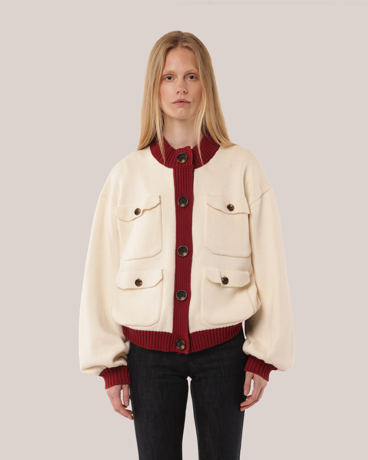 Four Pocket Cotton Cardigan Cherry Cream