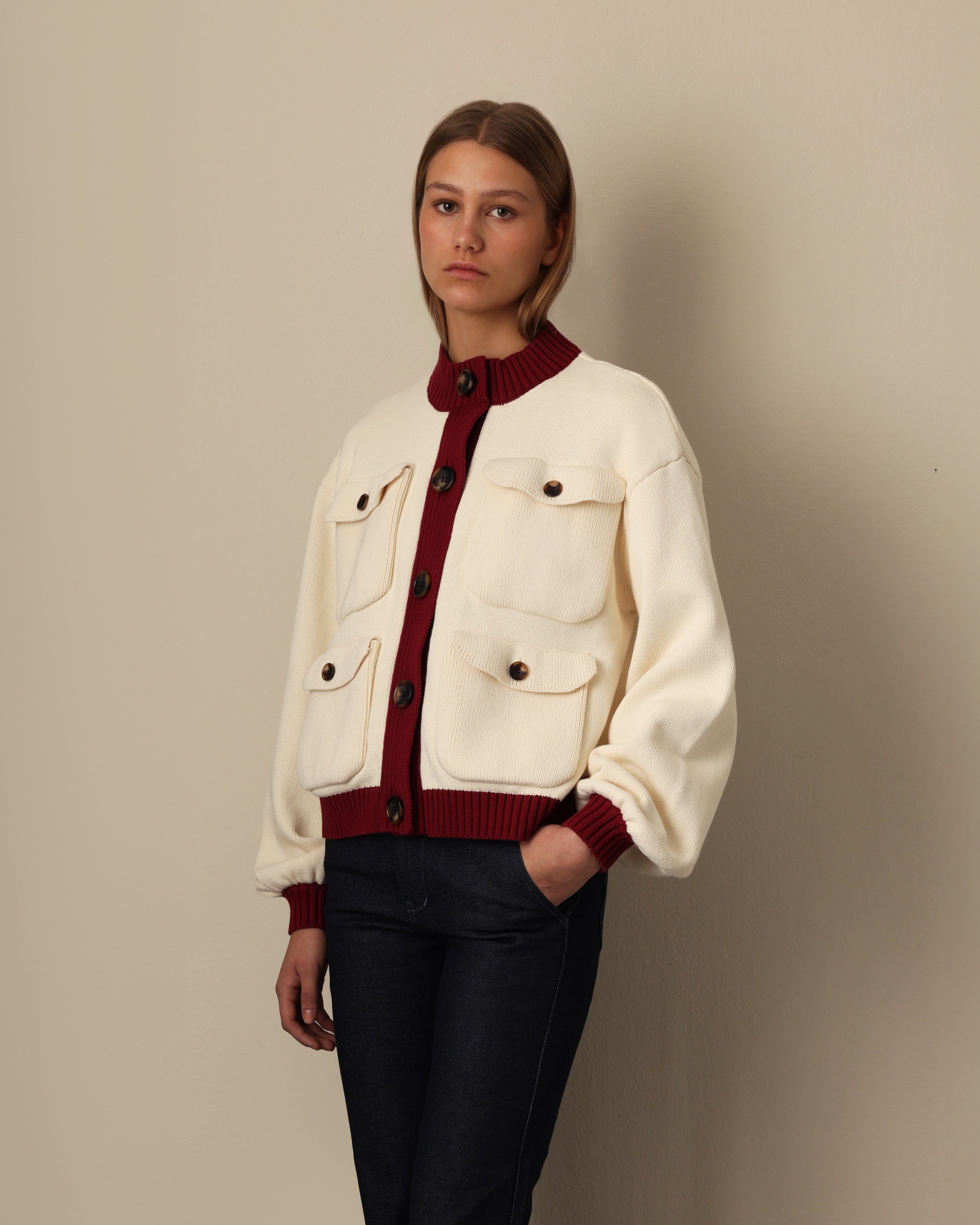 Four Pocket Cotton Cardigan Cherry Cream