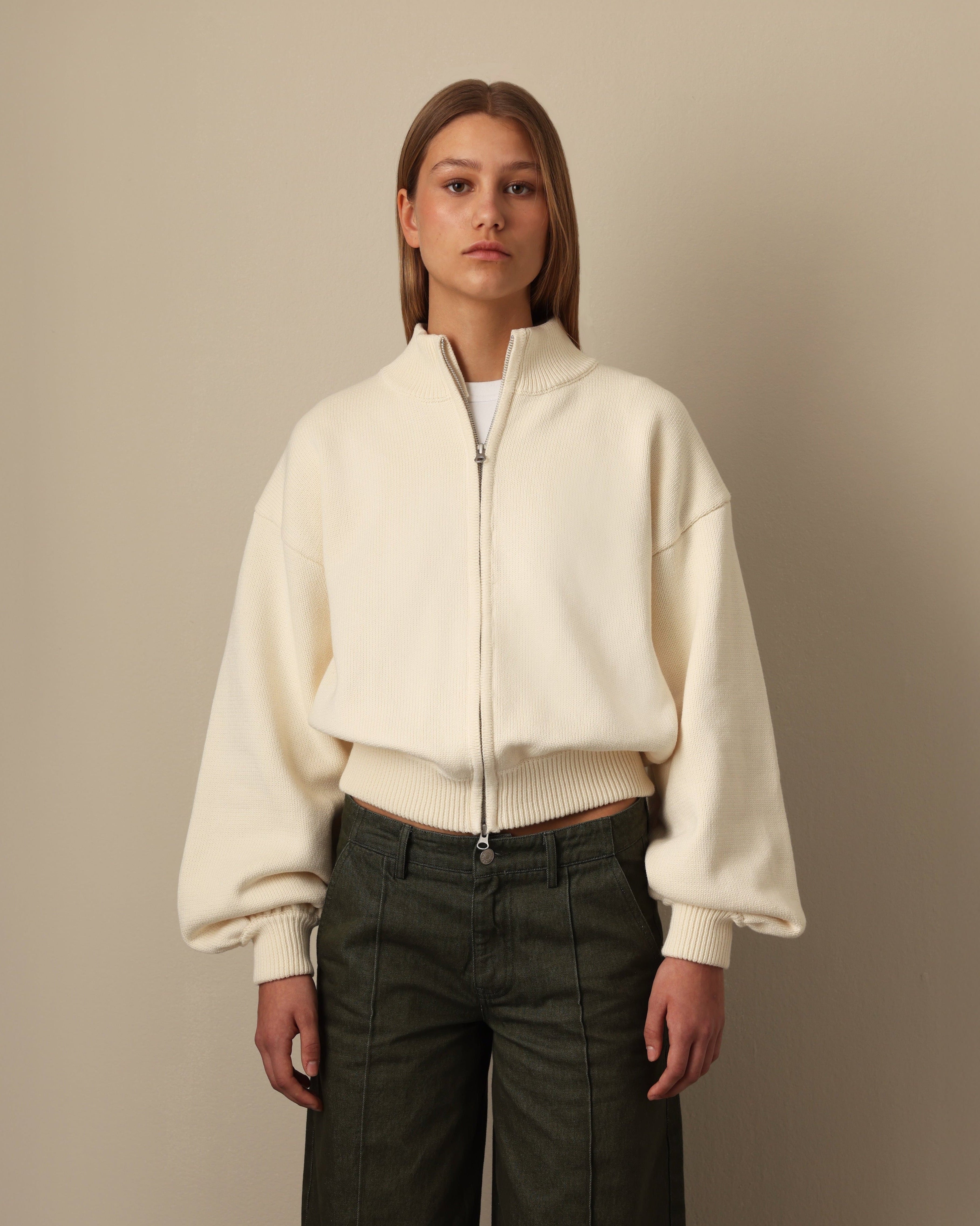 Thick Cotton Zip Sweater Cream