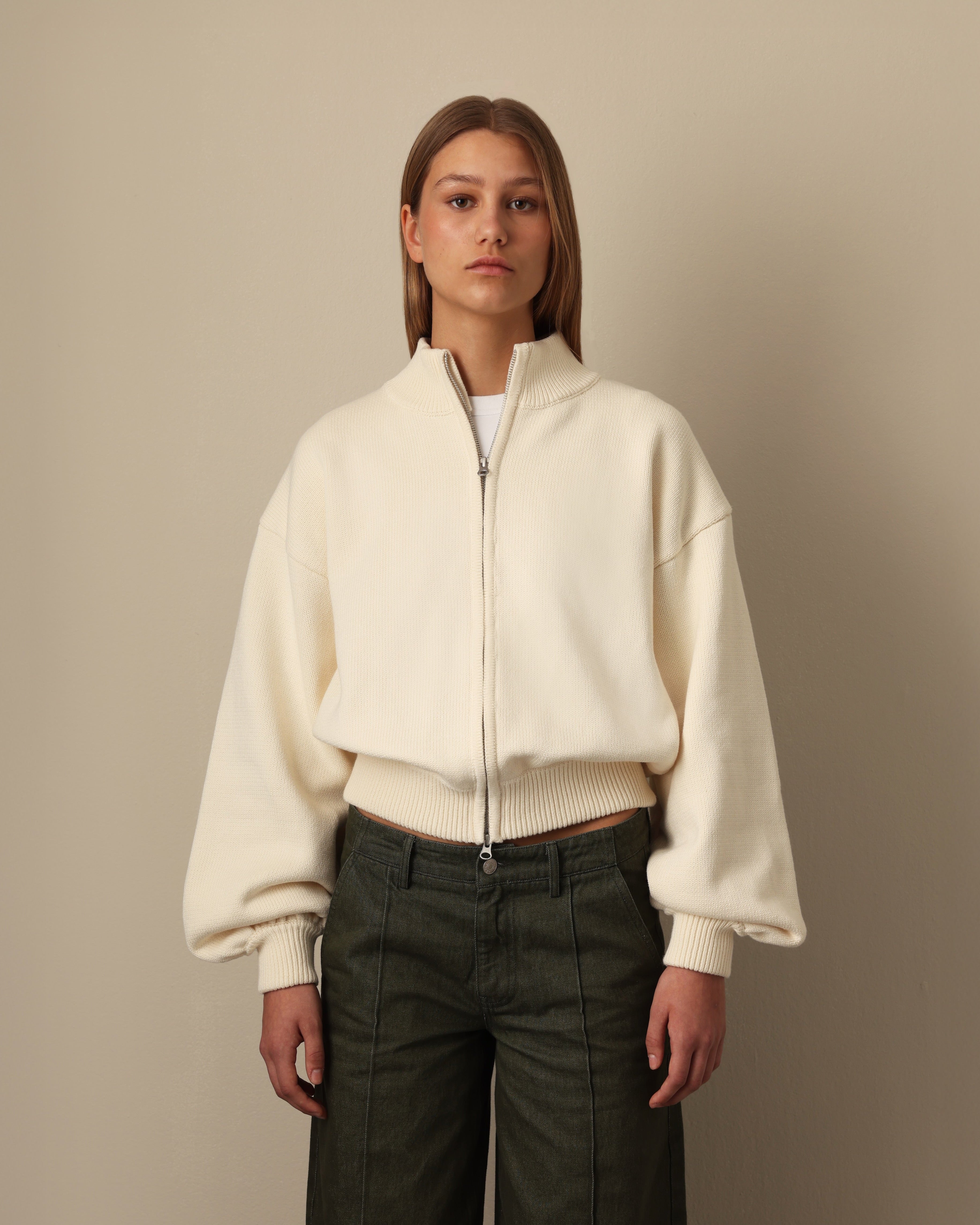 Thick Cotton Zip Sweater Cream
