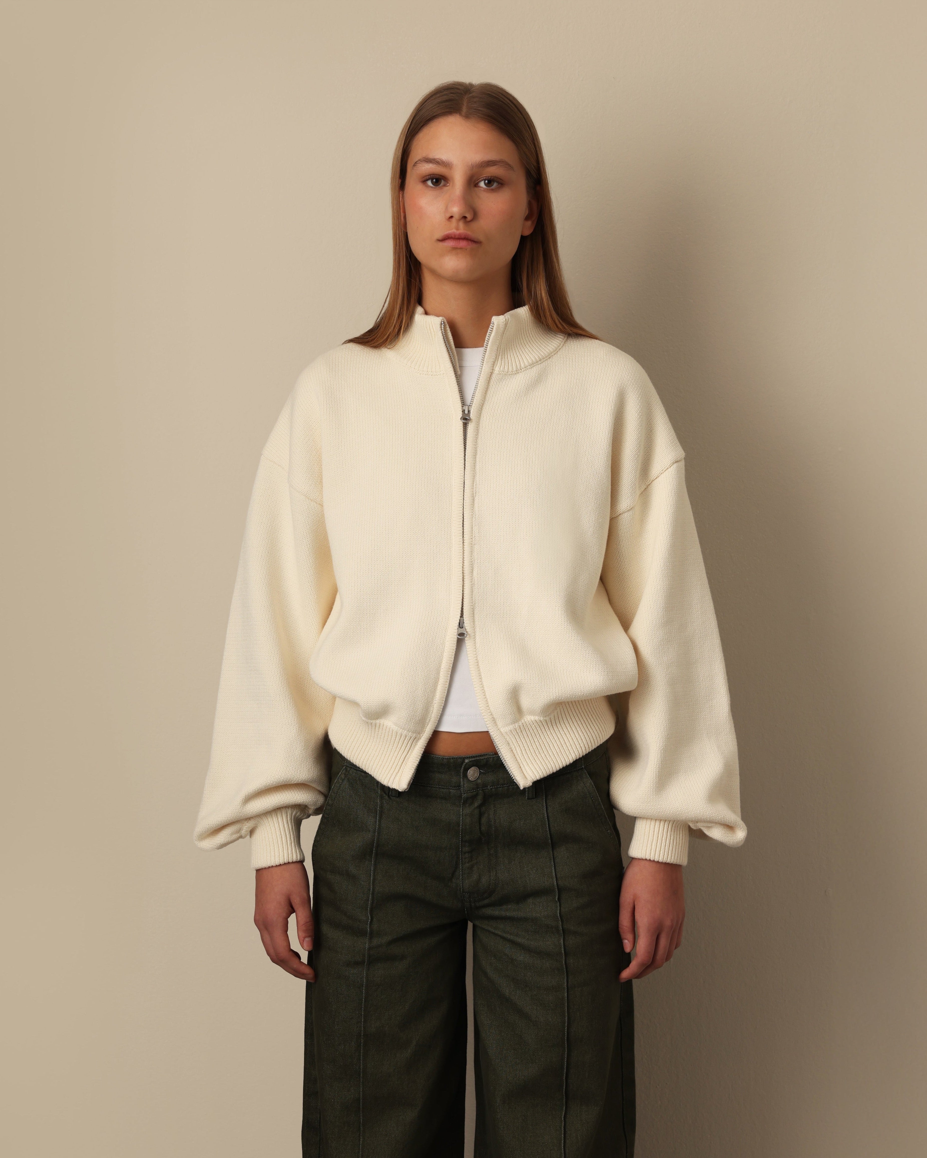 Thick Cotton Zip Sweater Cream