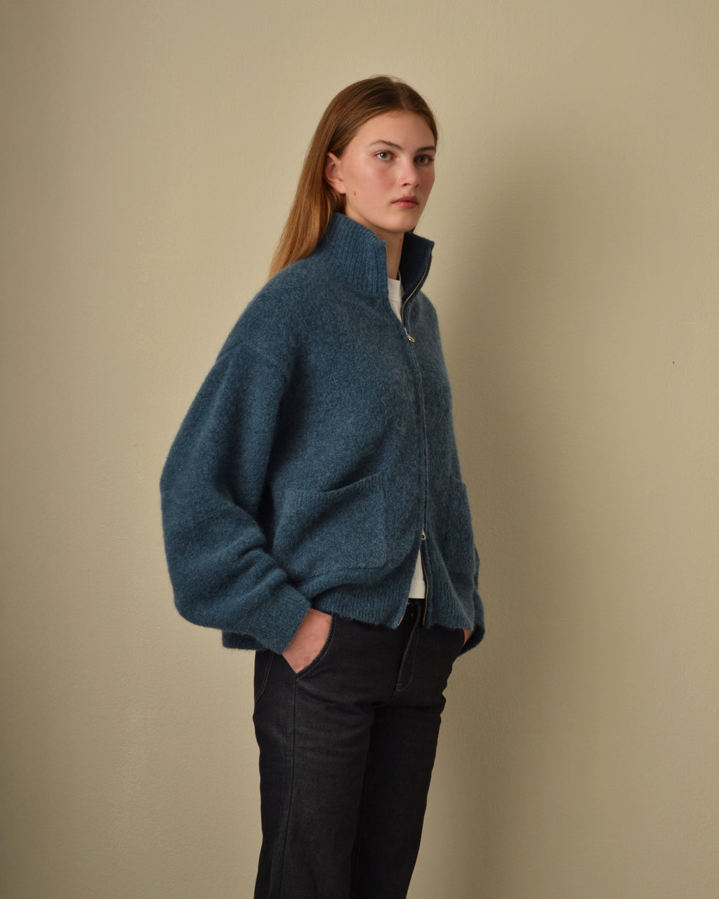 Brushed Mohair Zip Sweater Petroleum