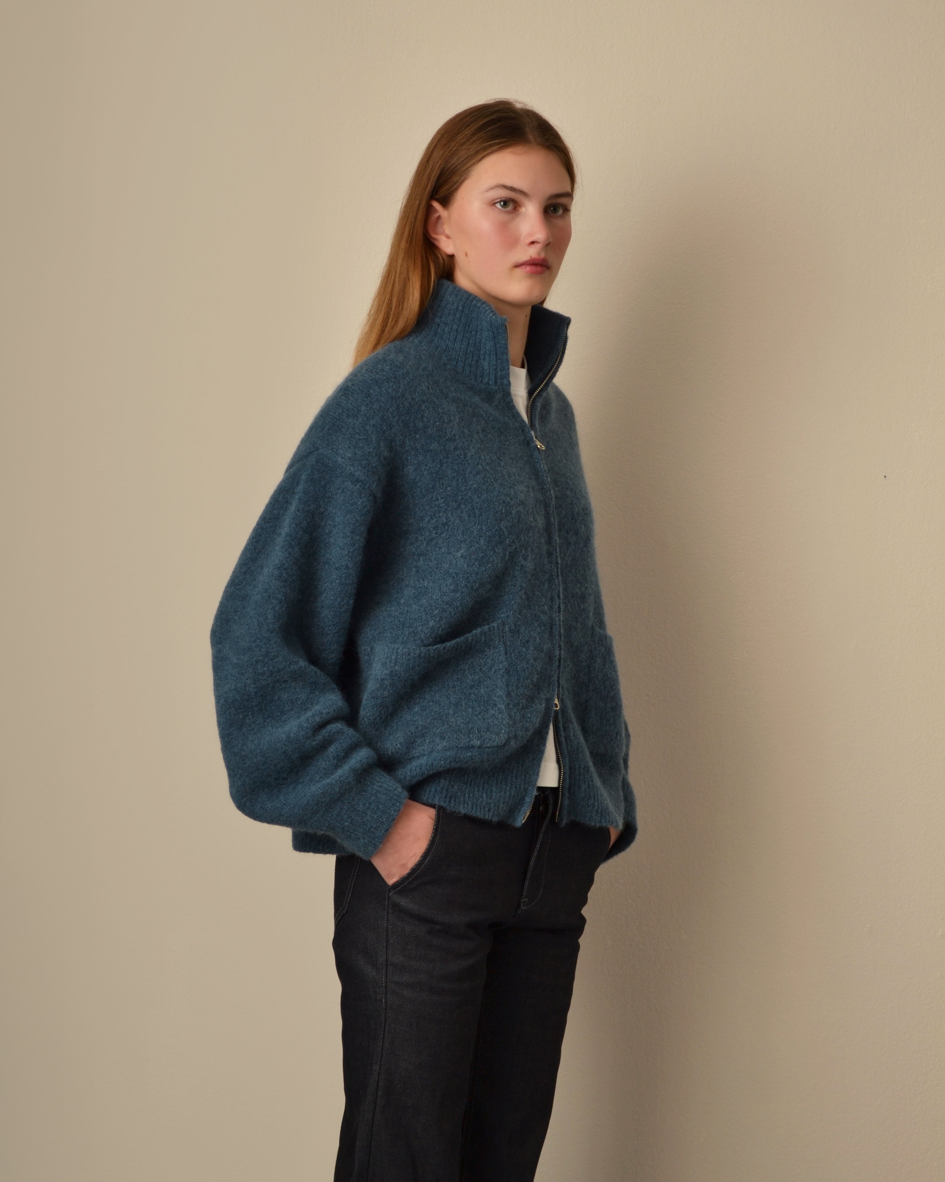 Brushed Mohair Zip Sweater Petroleum – Gasta Studio