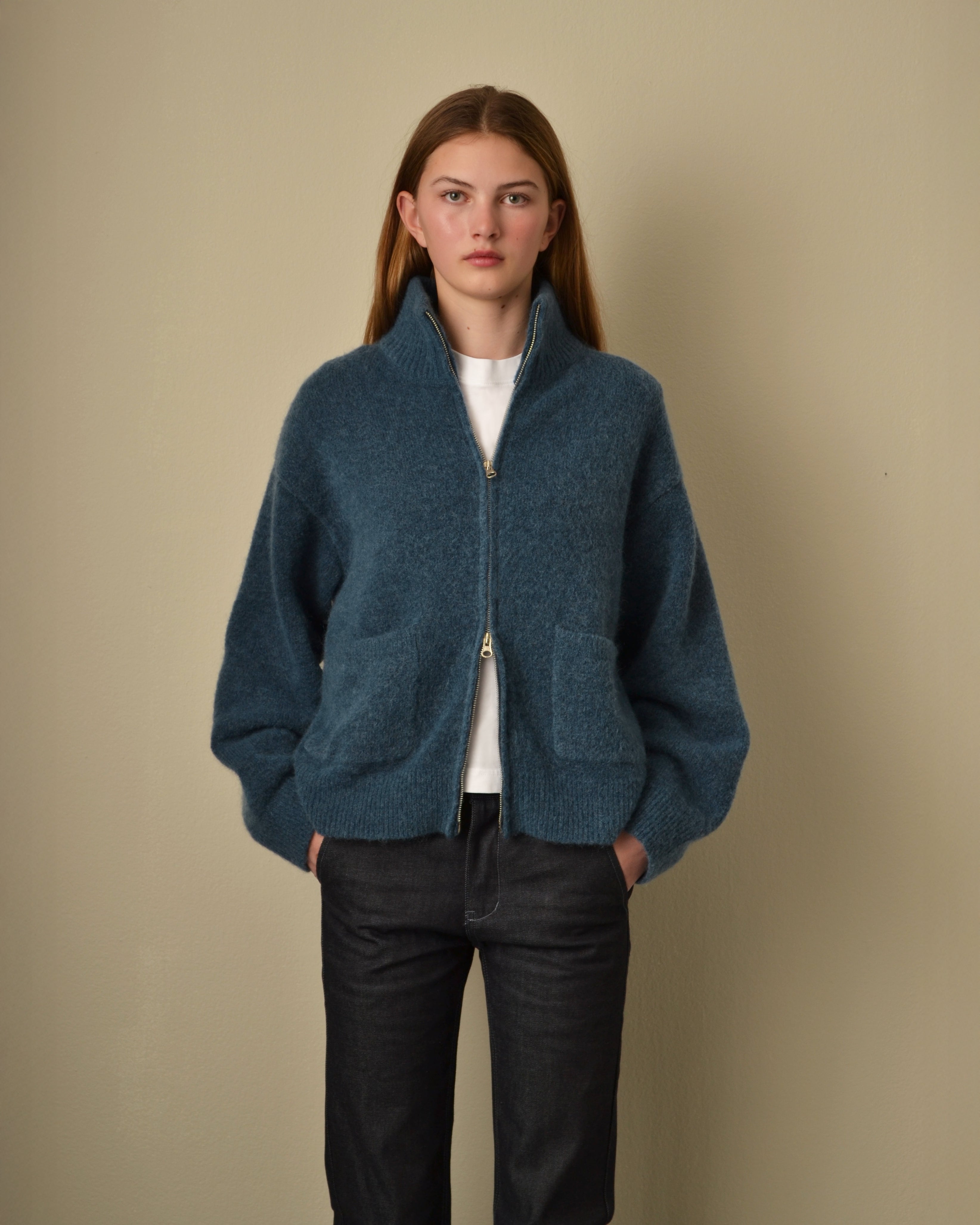 Brushed Mohair Zip Sweater Petroleum