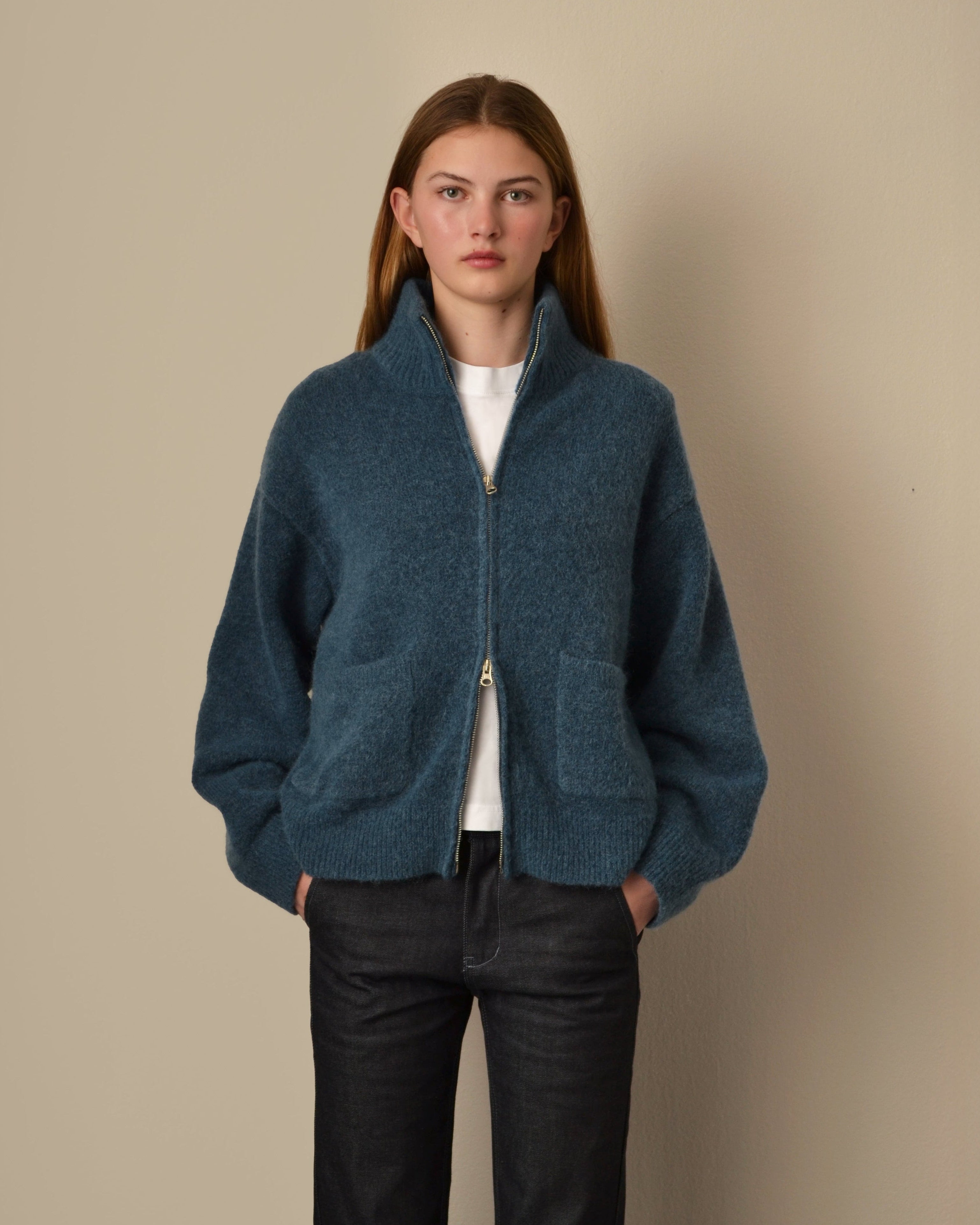 Brushed Mohair Zip Sweater Petroleum
