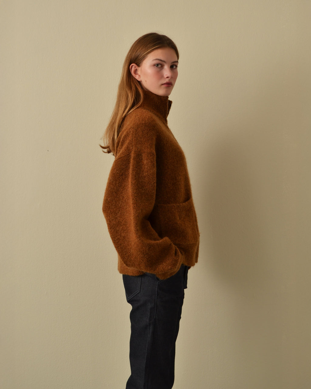 Brushed Mohair Zip Sweater Caramel