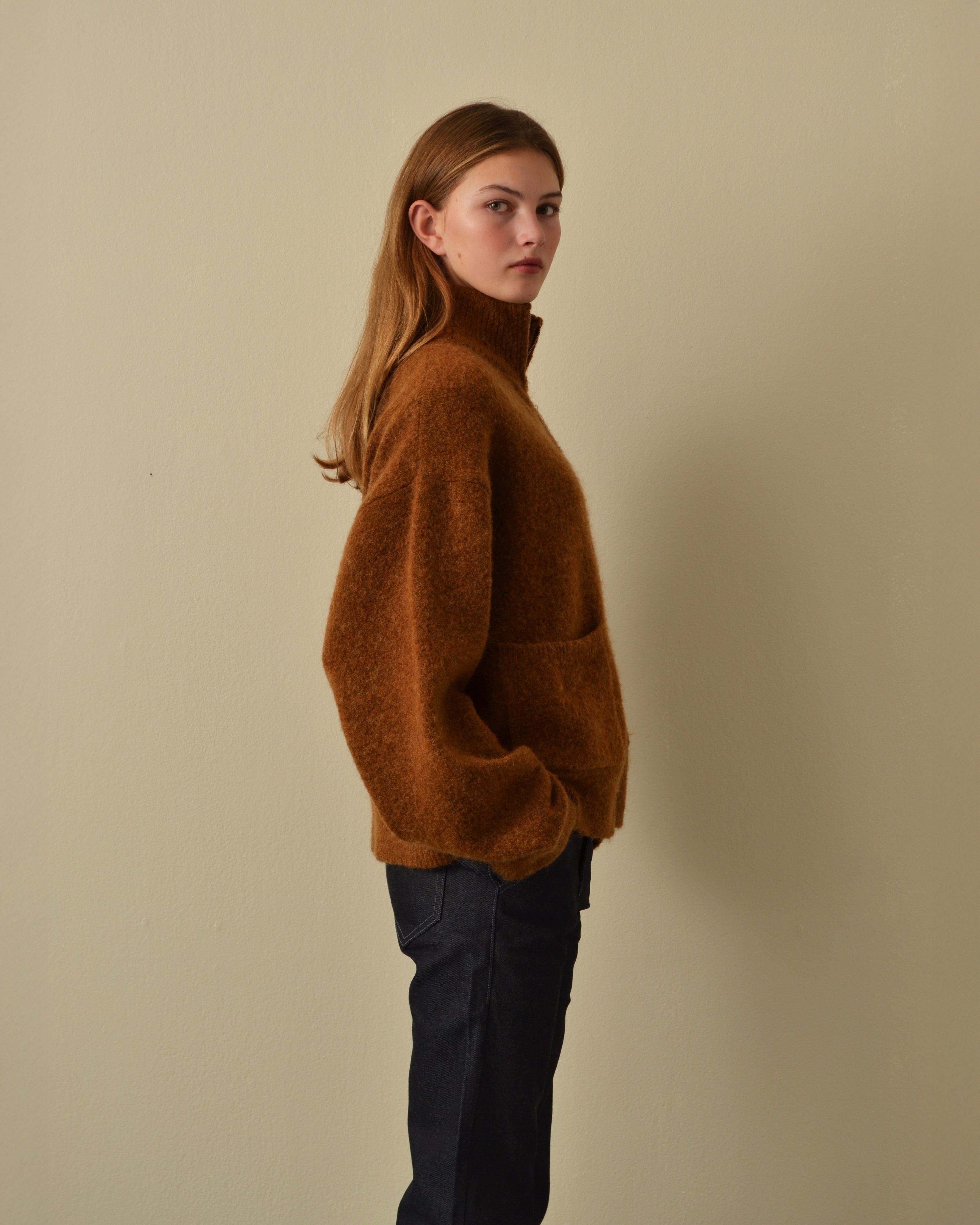 Brushed Mohair Zip Sweater Caramel