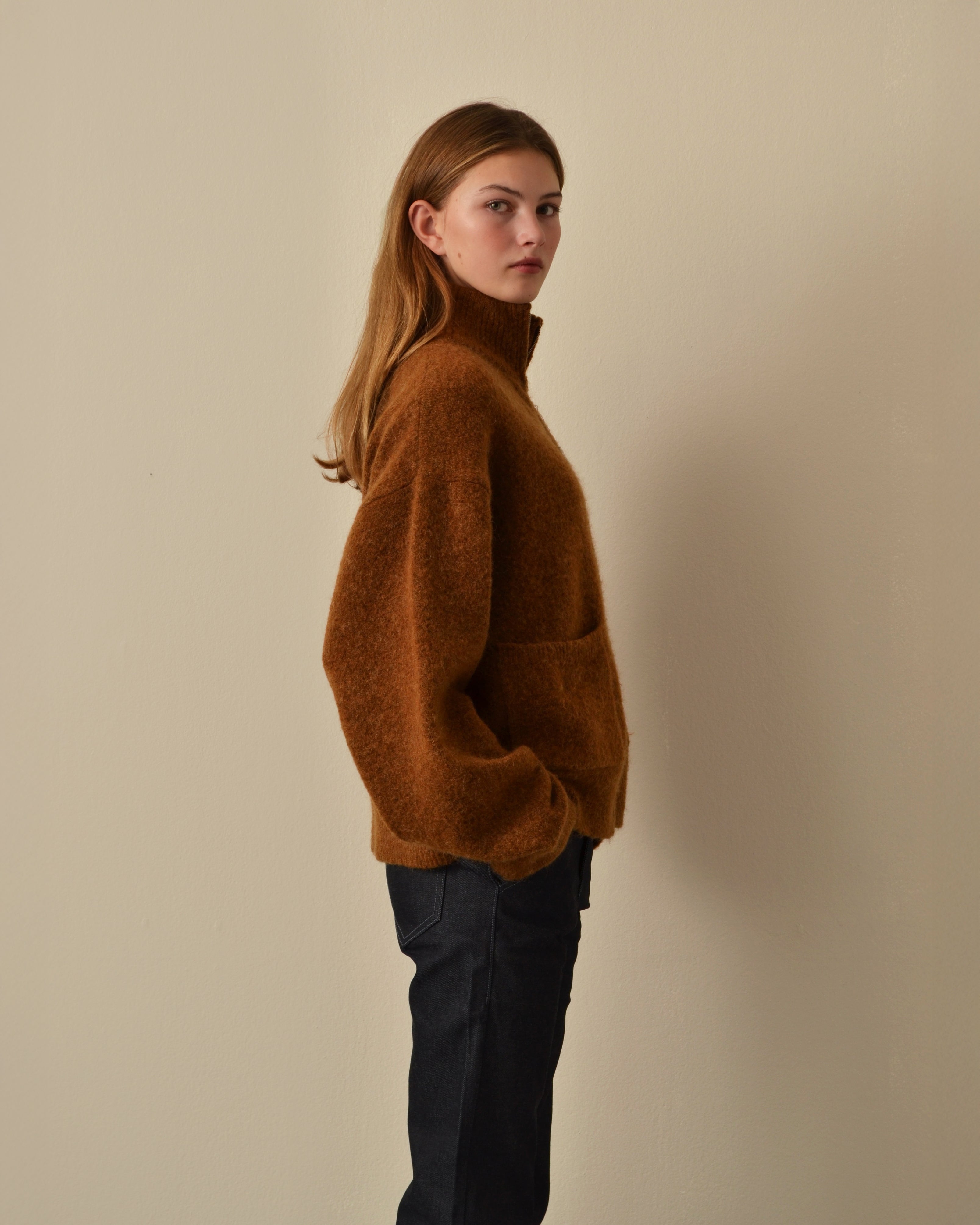 Brushed Mohair Zip Sweater Caramel
