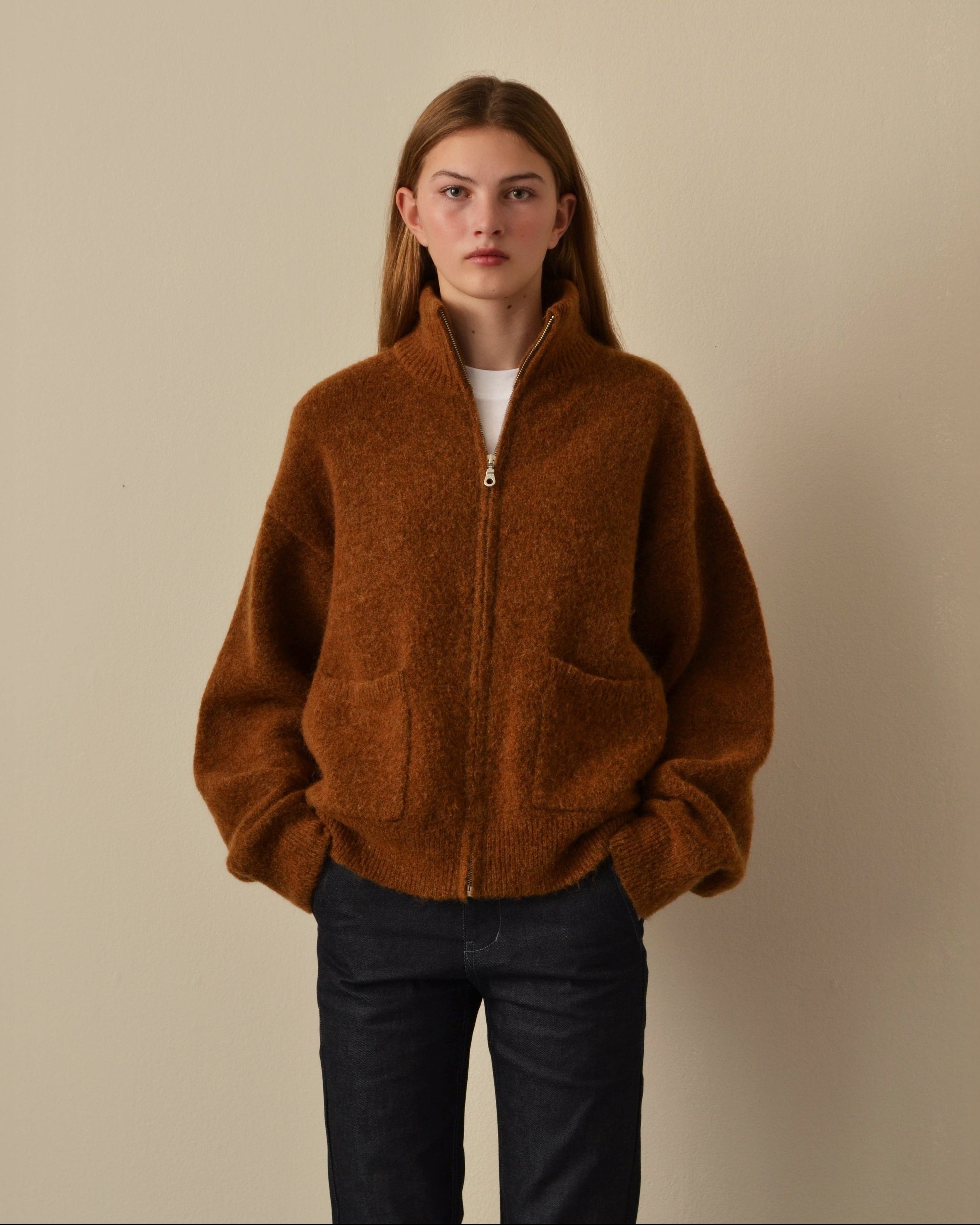 Brushed Mohair Zip Sweater Caramel