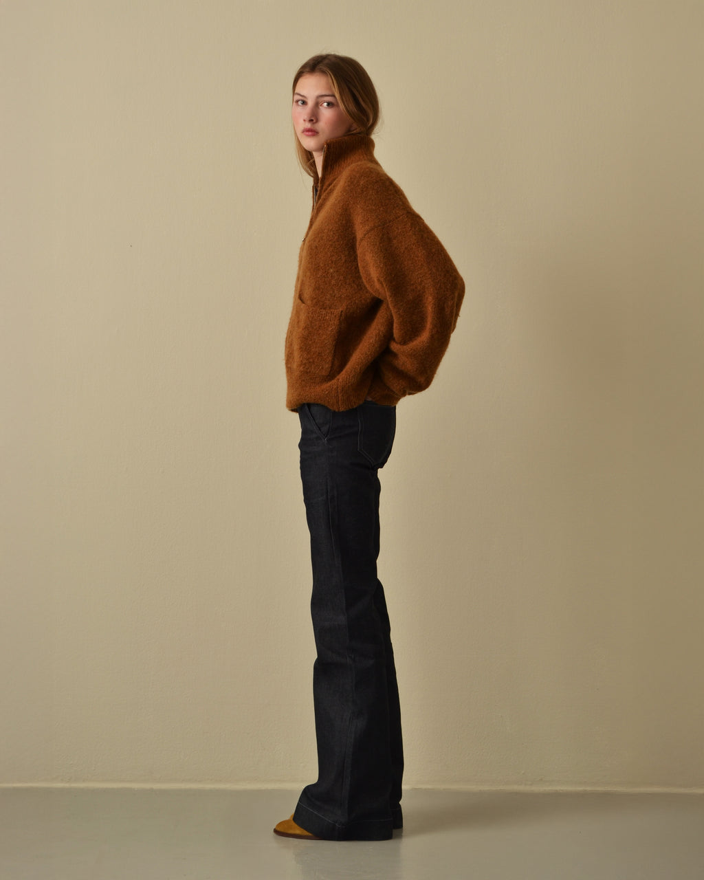 Brushed Mohair Zip Sweater Caramel
