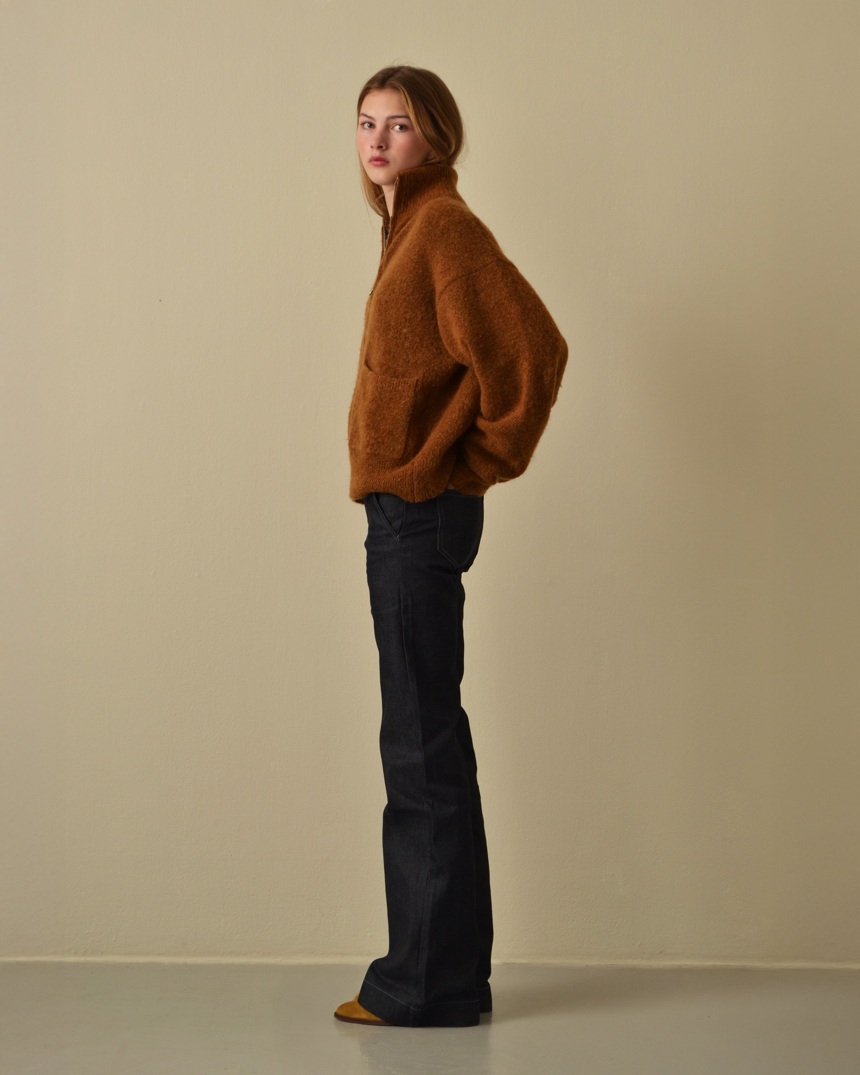 Brushed Mohair Zip Sweater Caramel