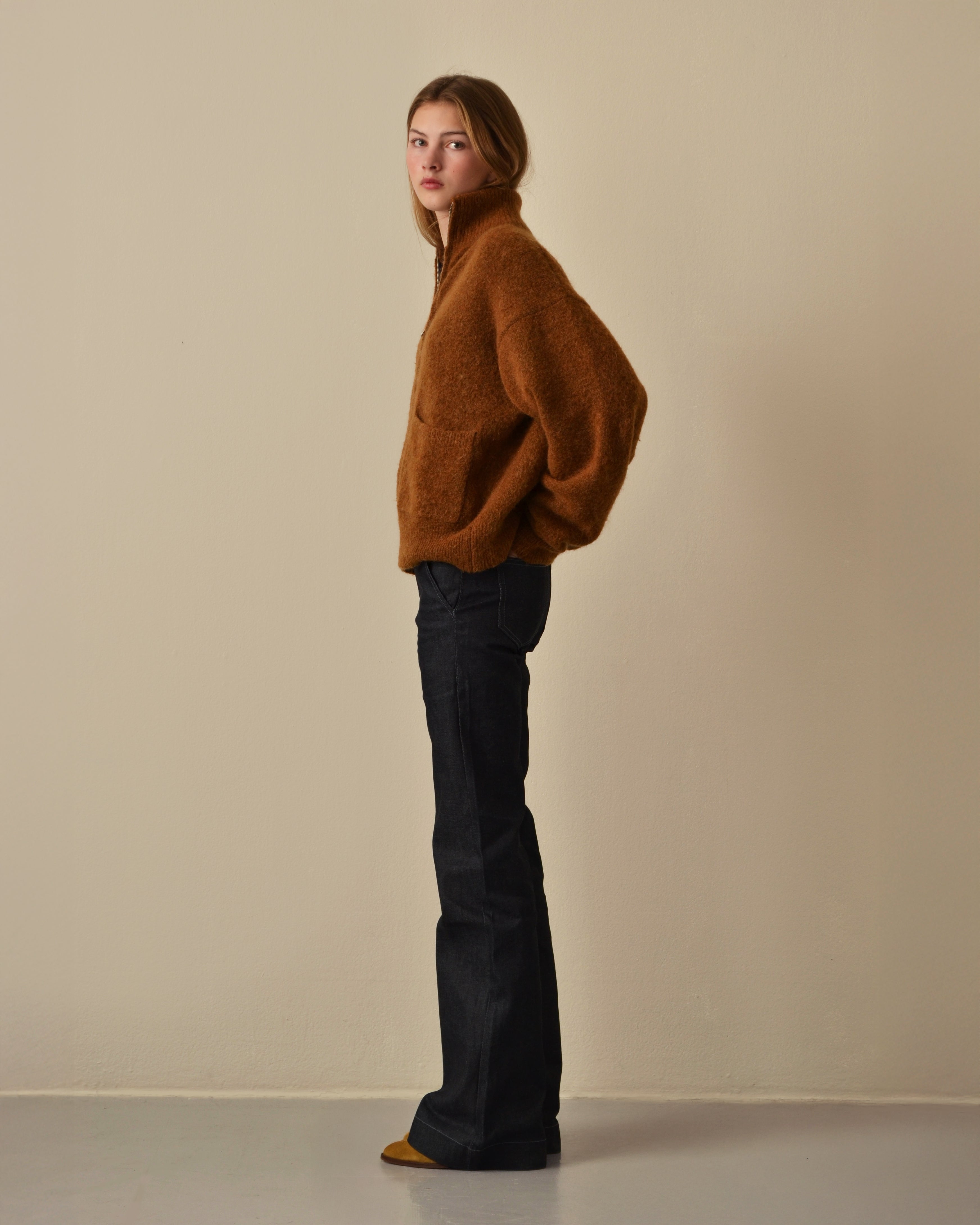 Brushed Mohair Zip Sweater Caramel