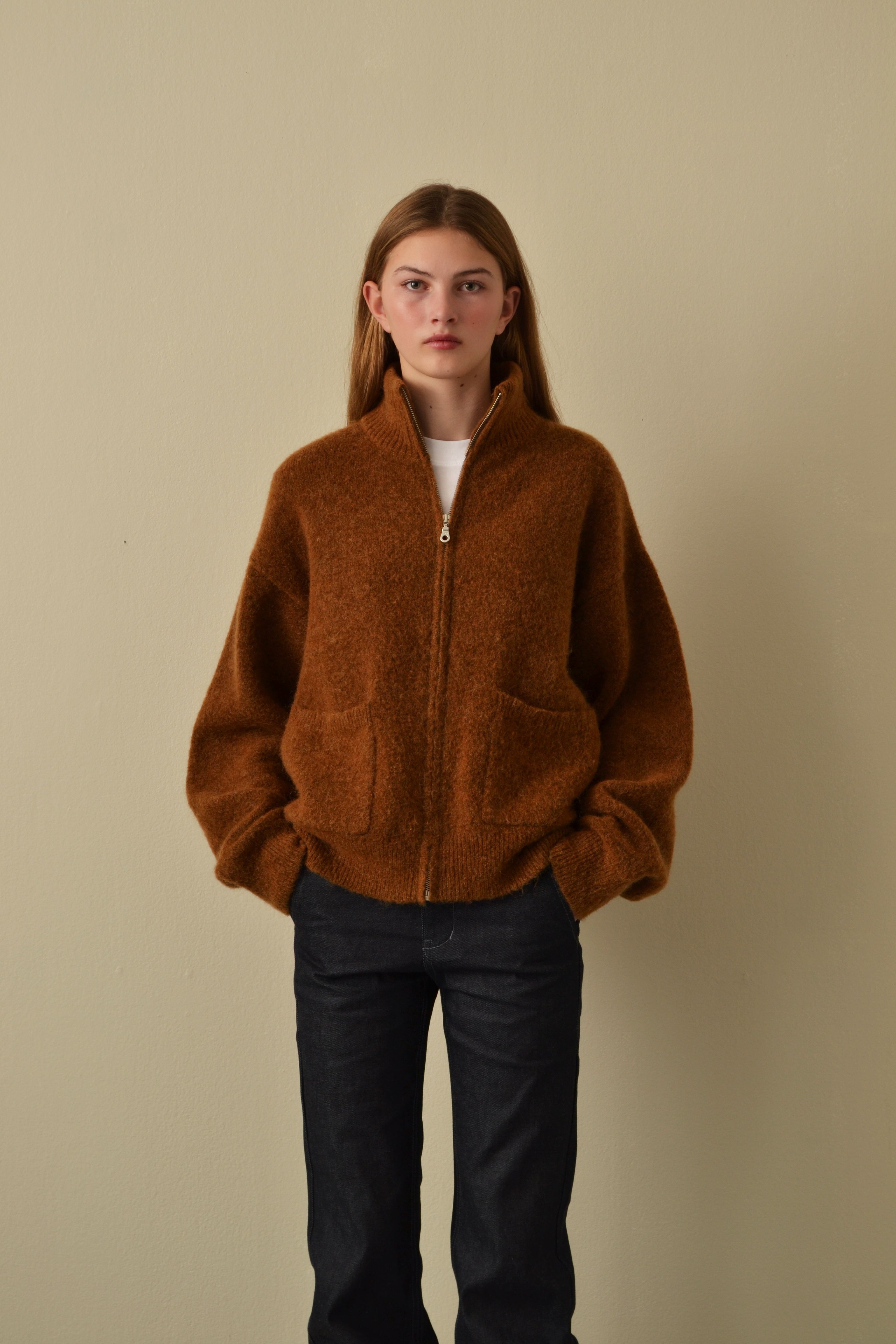 Brushed Mohair Zip Sweater Caramel