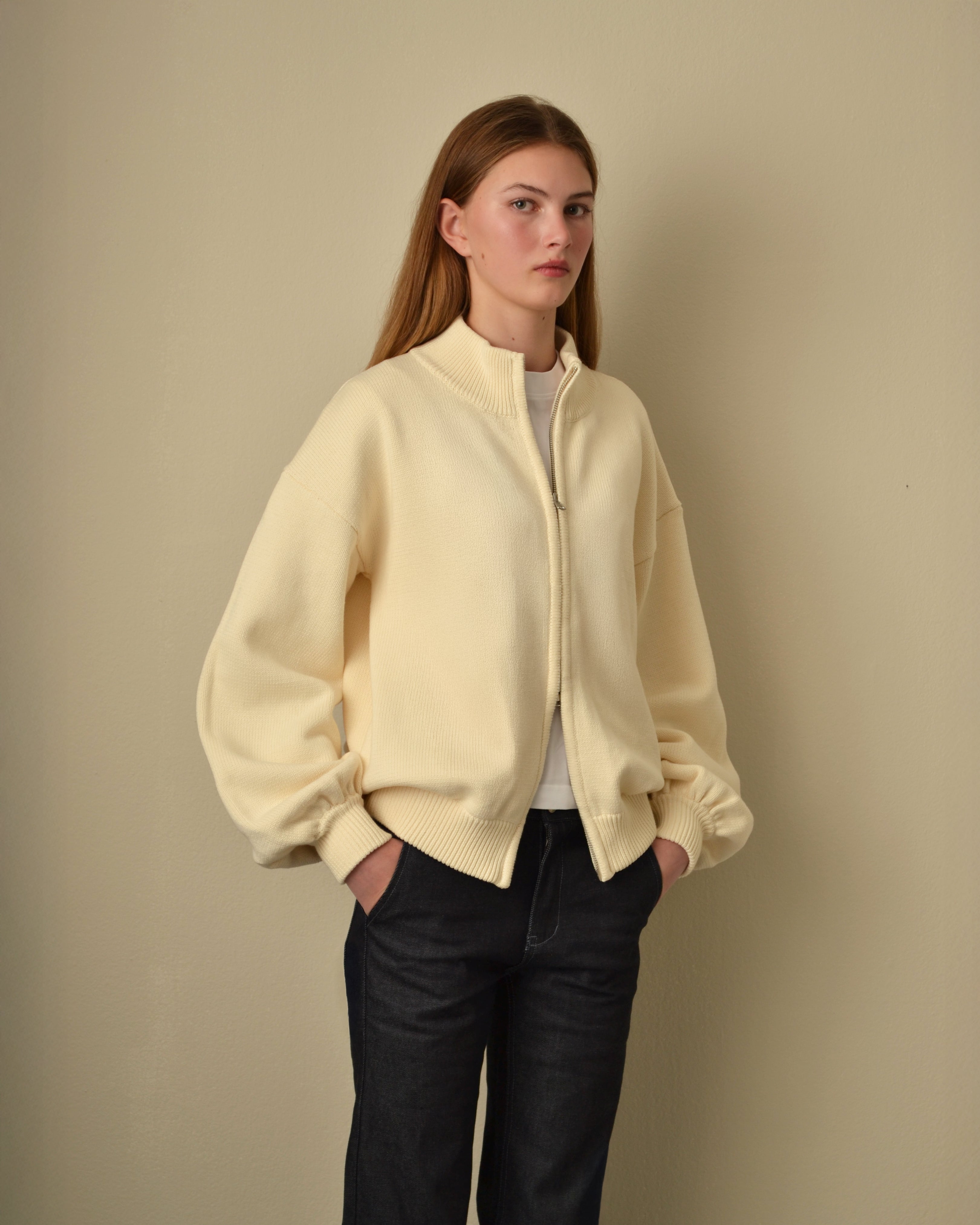 Thick Cotton Zip Sweater Cream
