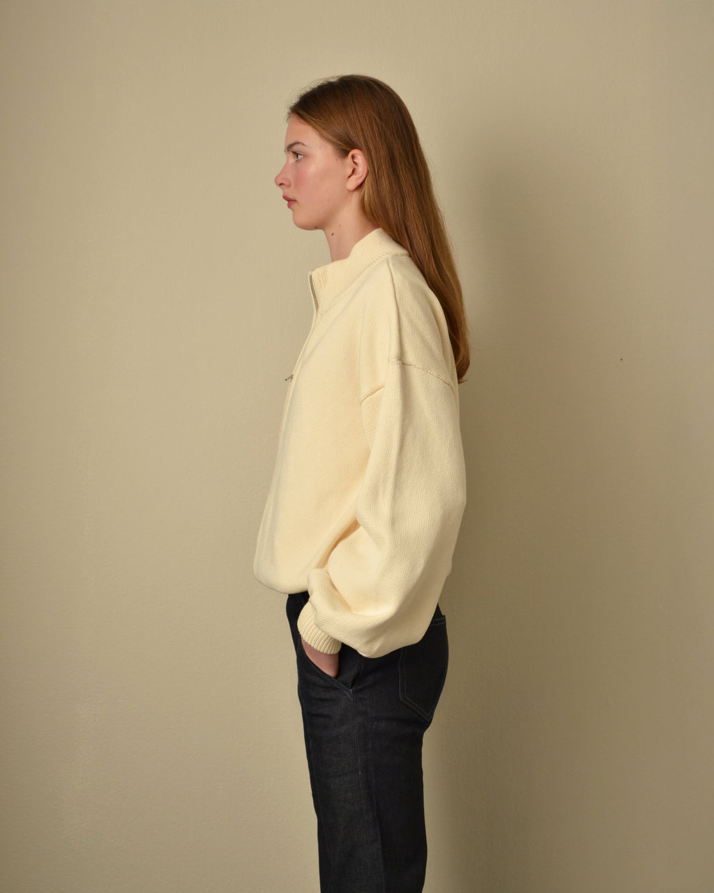 Thick Cotton Zip Sweater Cream