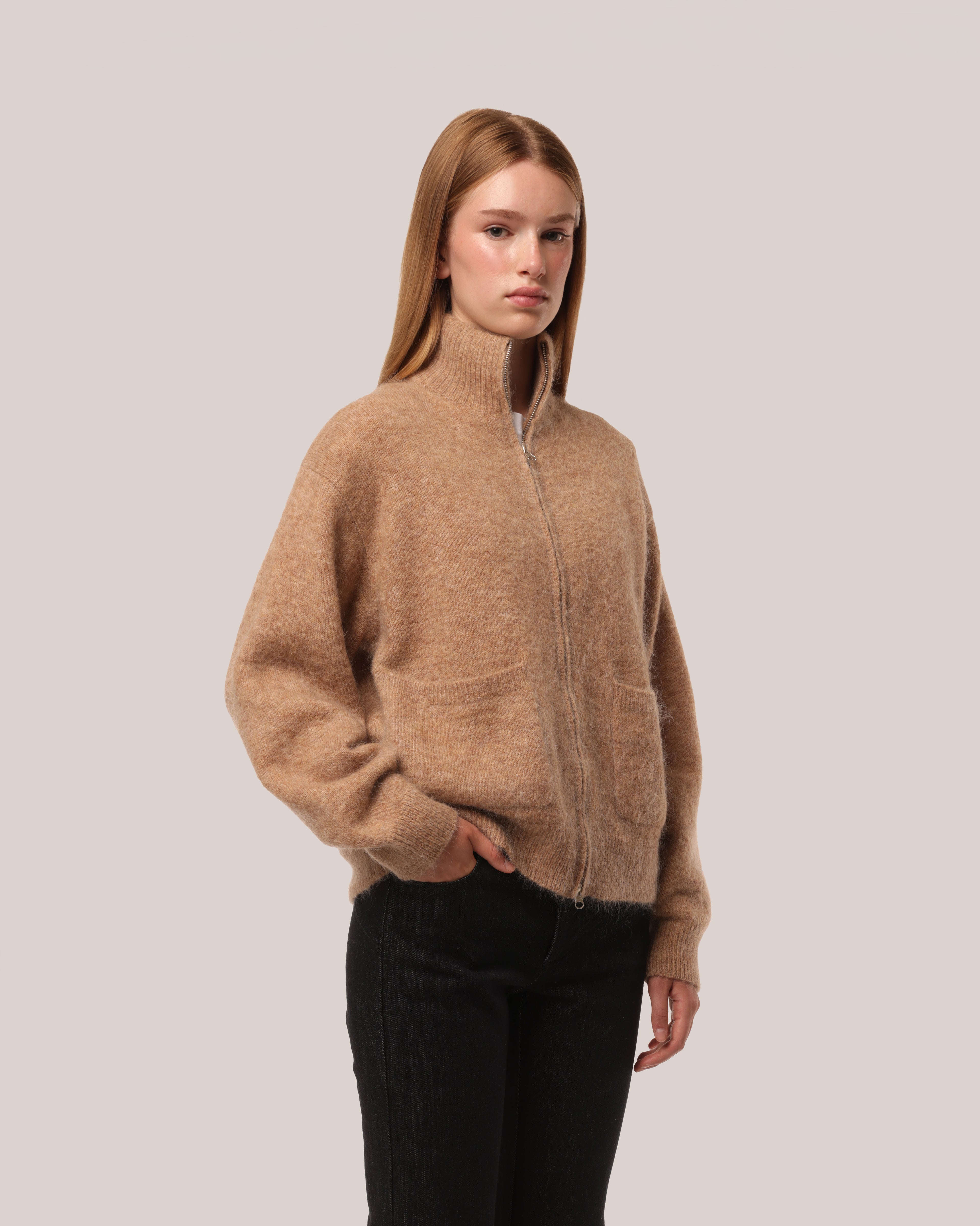 Brushed Mohair Zip Sweater Chestnut