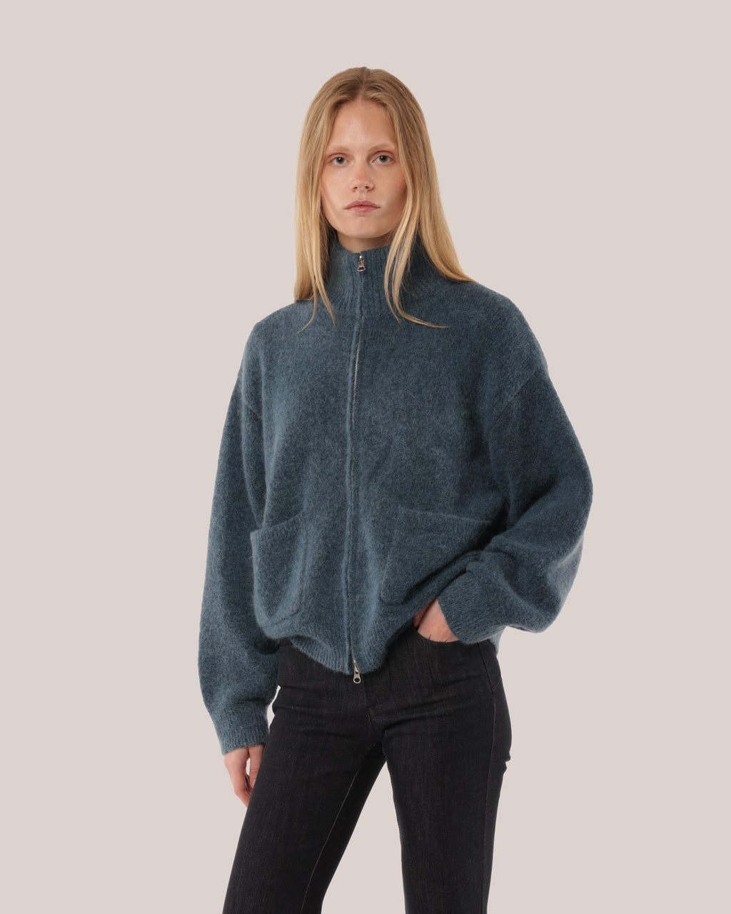 Brushed Mohair Zip Sweater Petroleum