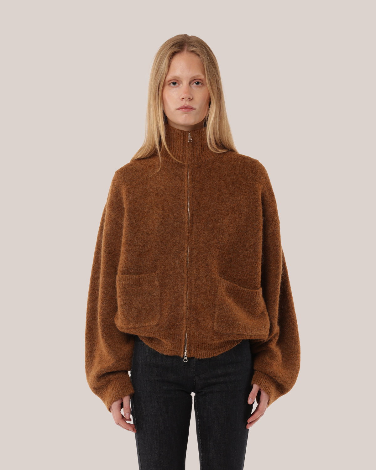 Brushed Mohair Zip Sweater Caramel