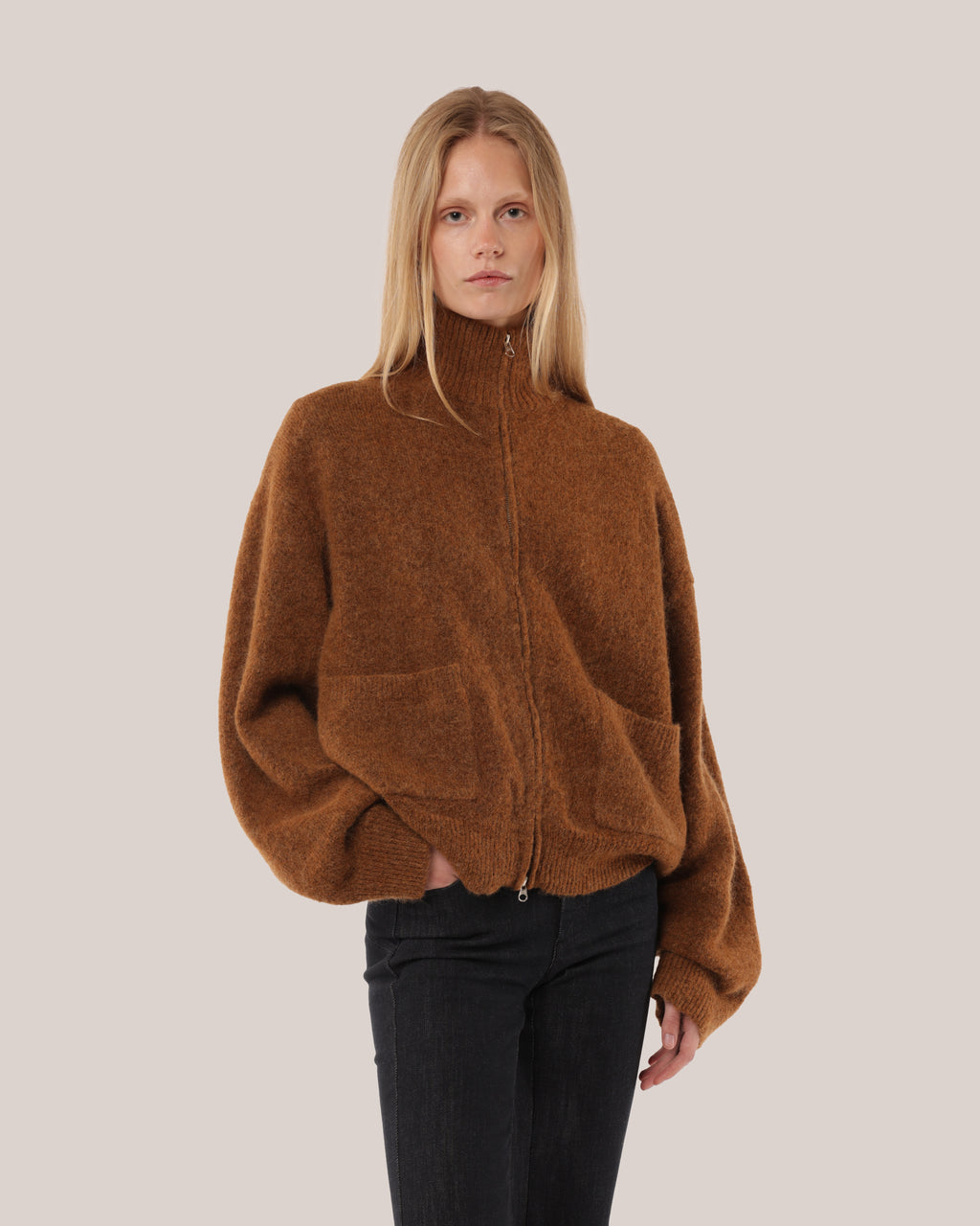 Brushed Mohair Zip Sweater Caramel