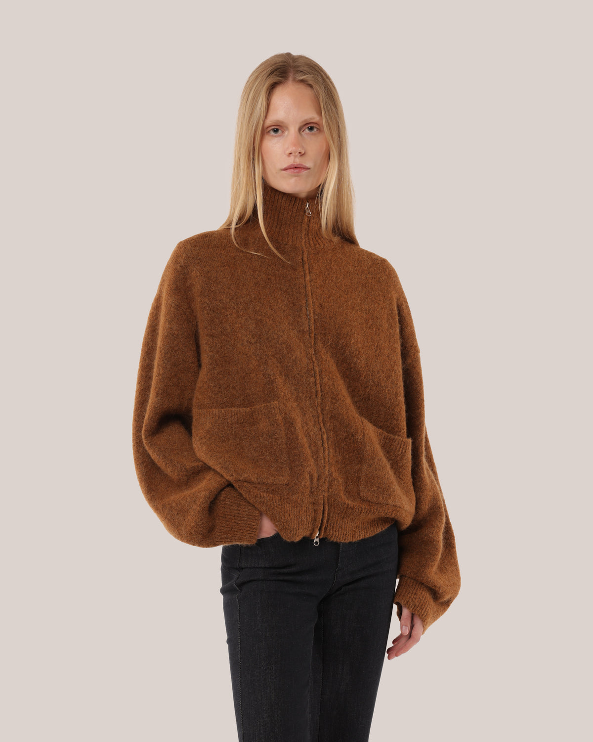 Brushed Mohair Zip Sweater Caramel