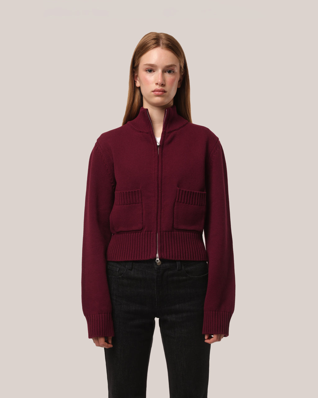 Fitted Cotton Zip Sweater Burgundy