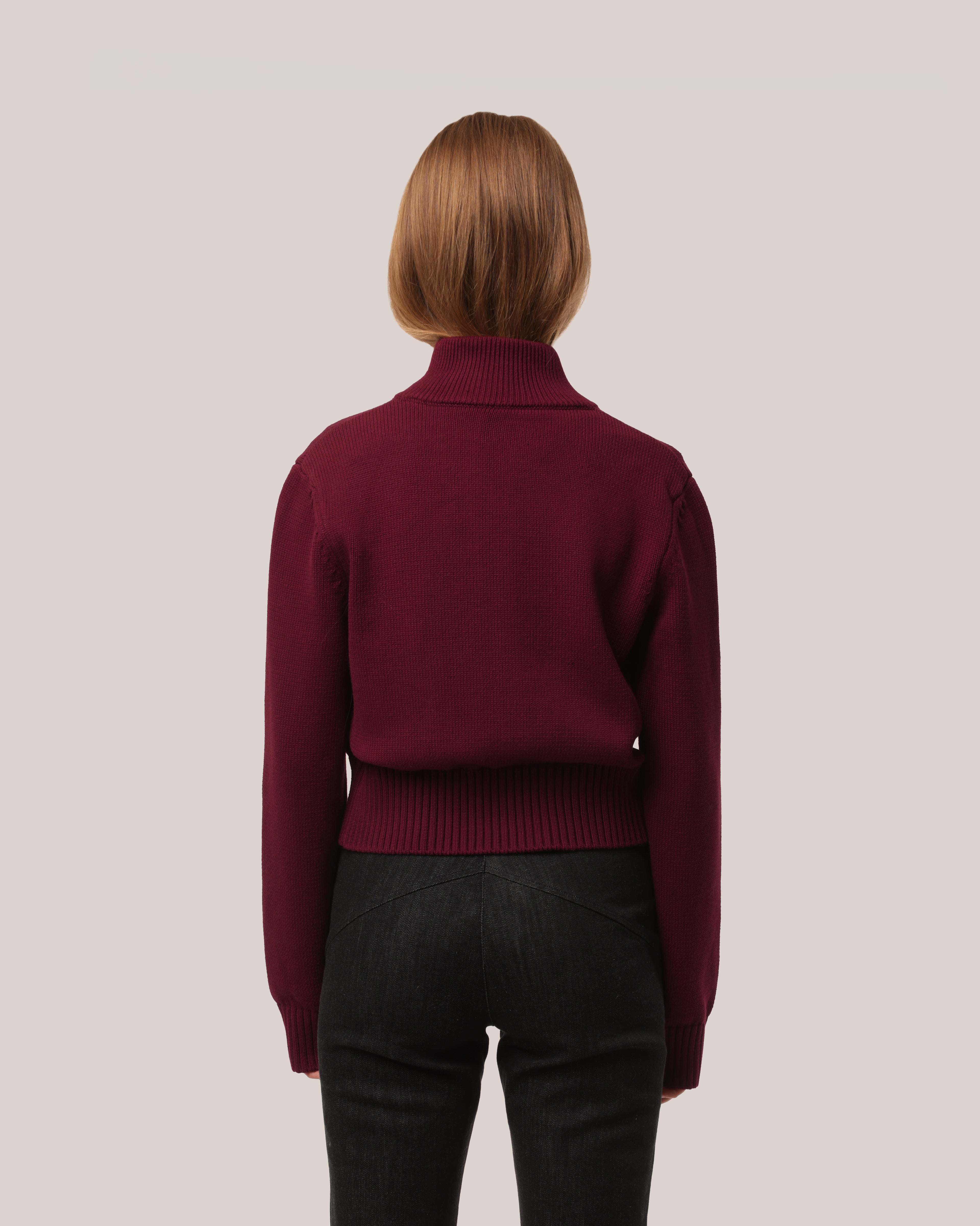 Fitted Cotton Zip Sweater Burgundy