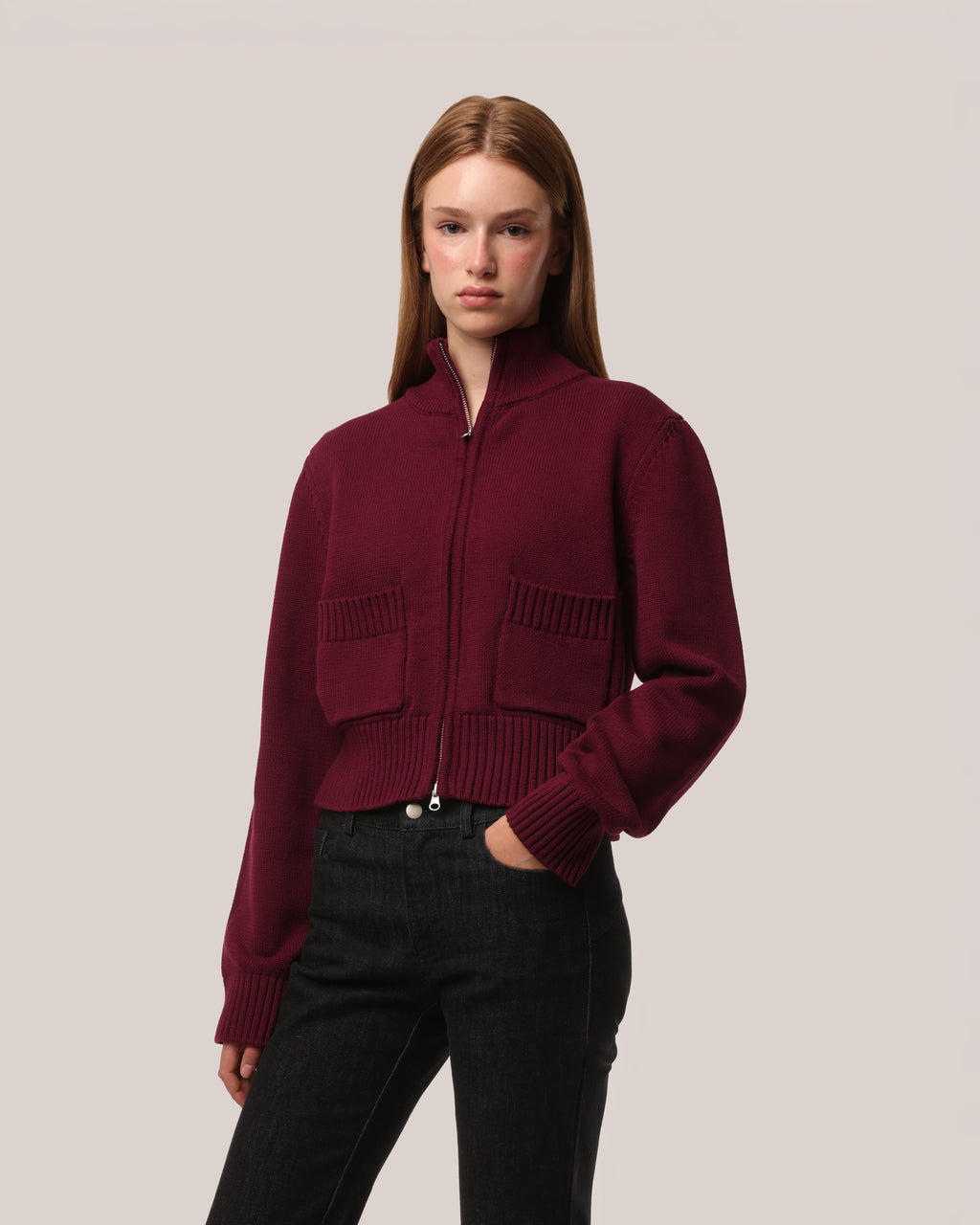Fitted Cotton Zip Sweater Burgundy