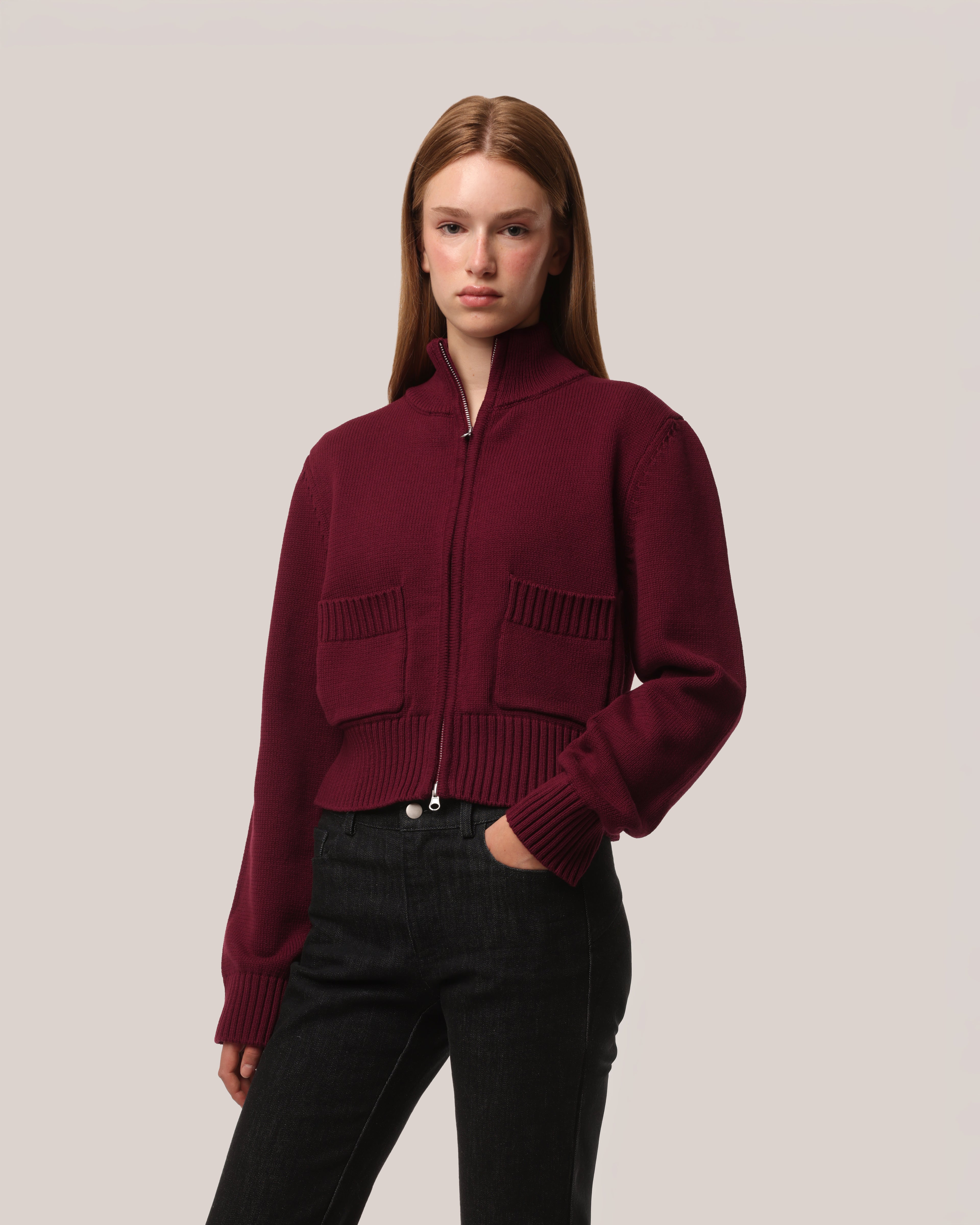 Fitted Cotton Zip Sweater Burgundy