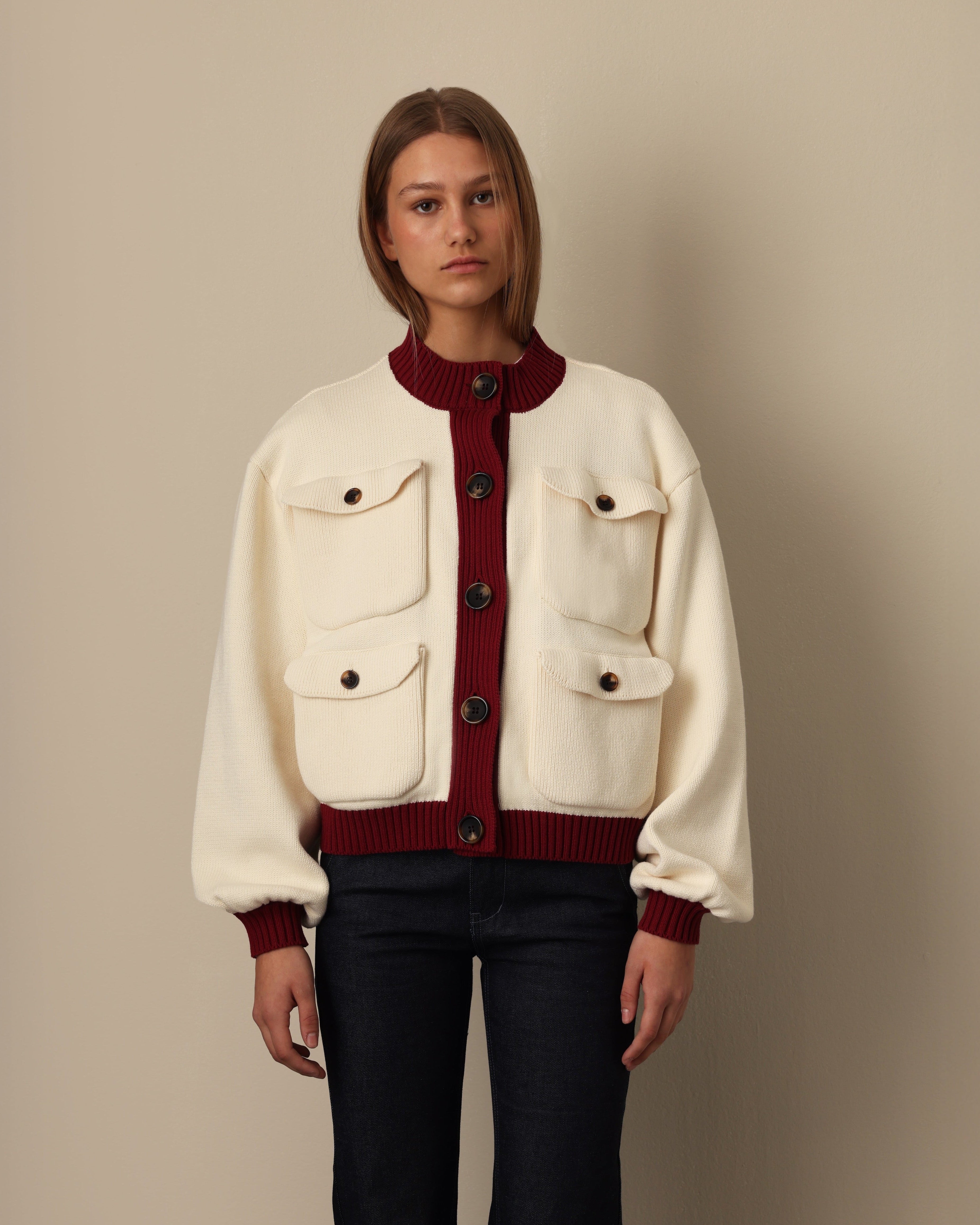 Four Pocket Cotton Cardigan Cherry Cream