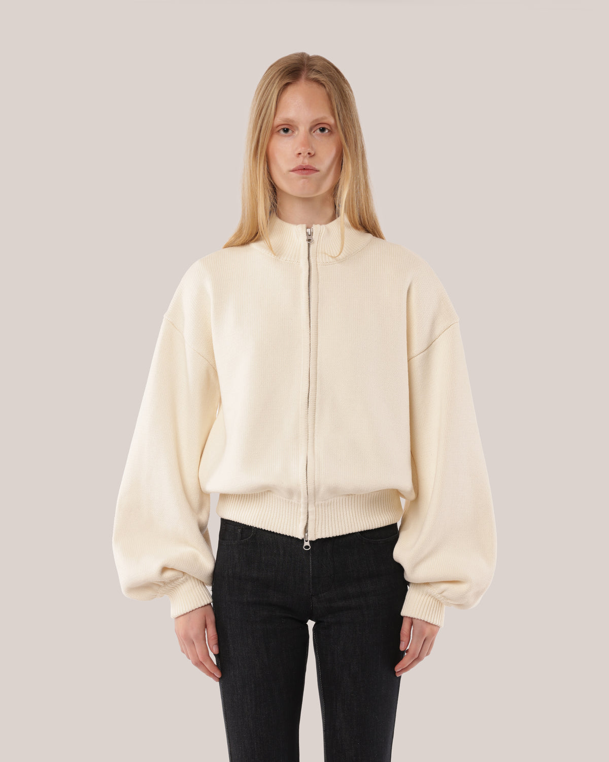 Thick Cotton Zip Sweater Cream
