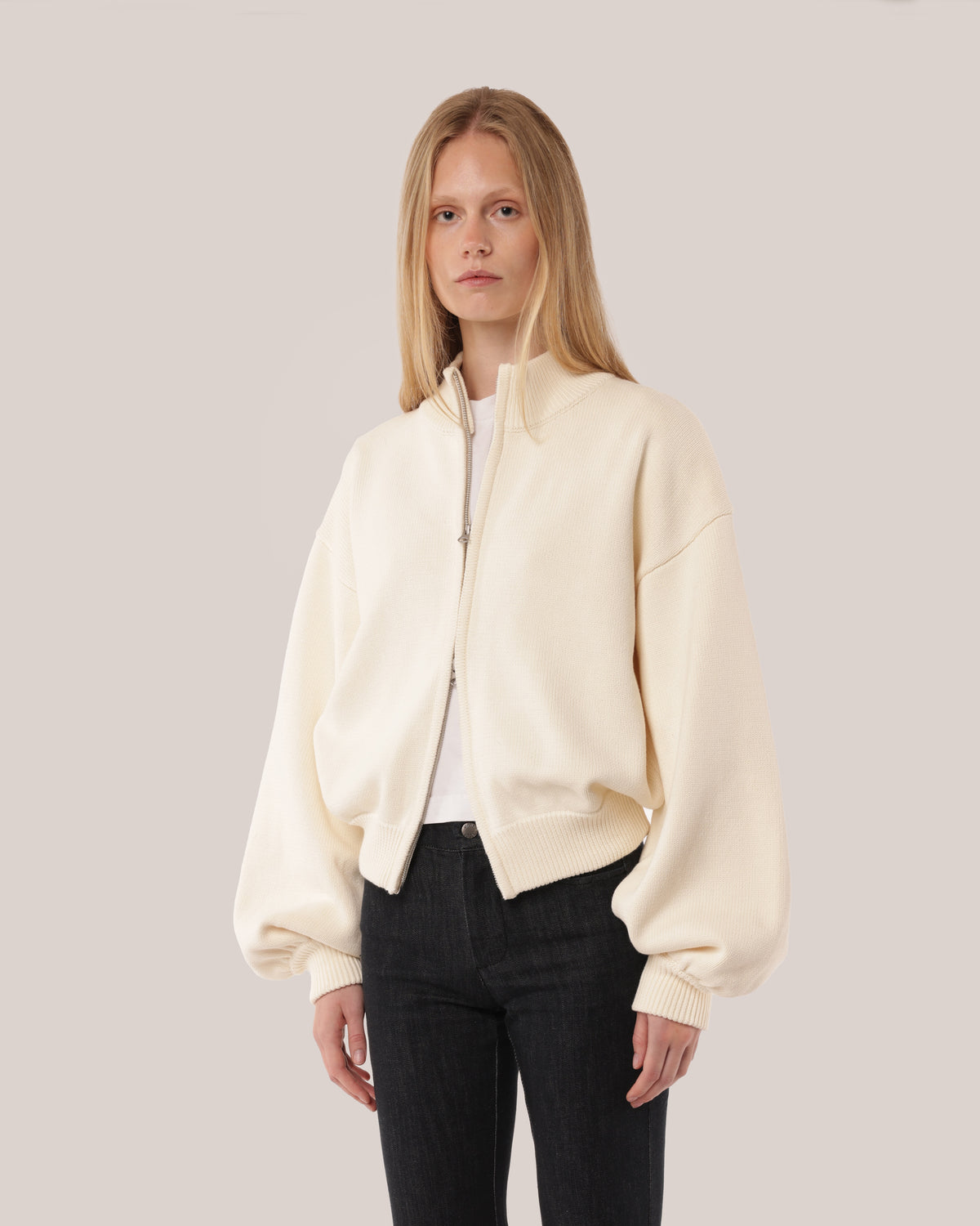 Thick Cotton Zip Sweater Cream