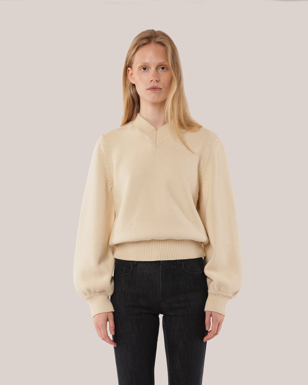 Fitted Cotton V-neck Sweater Meringue