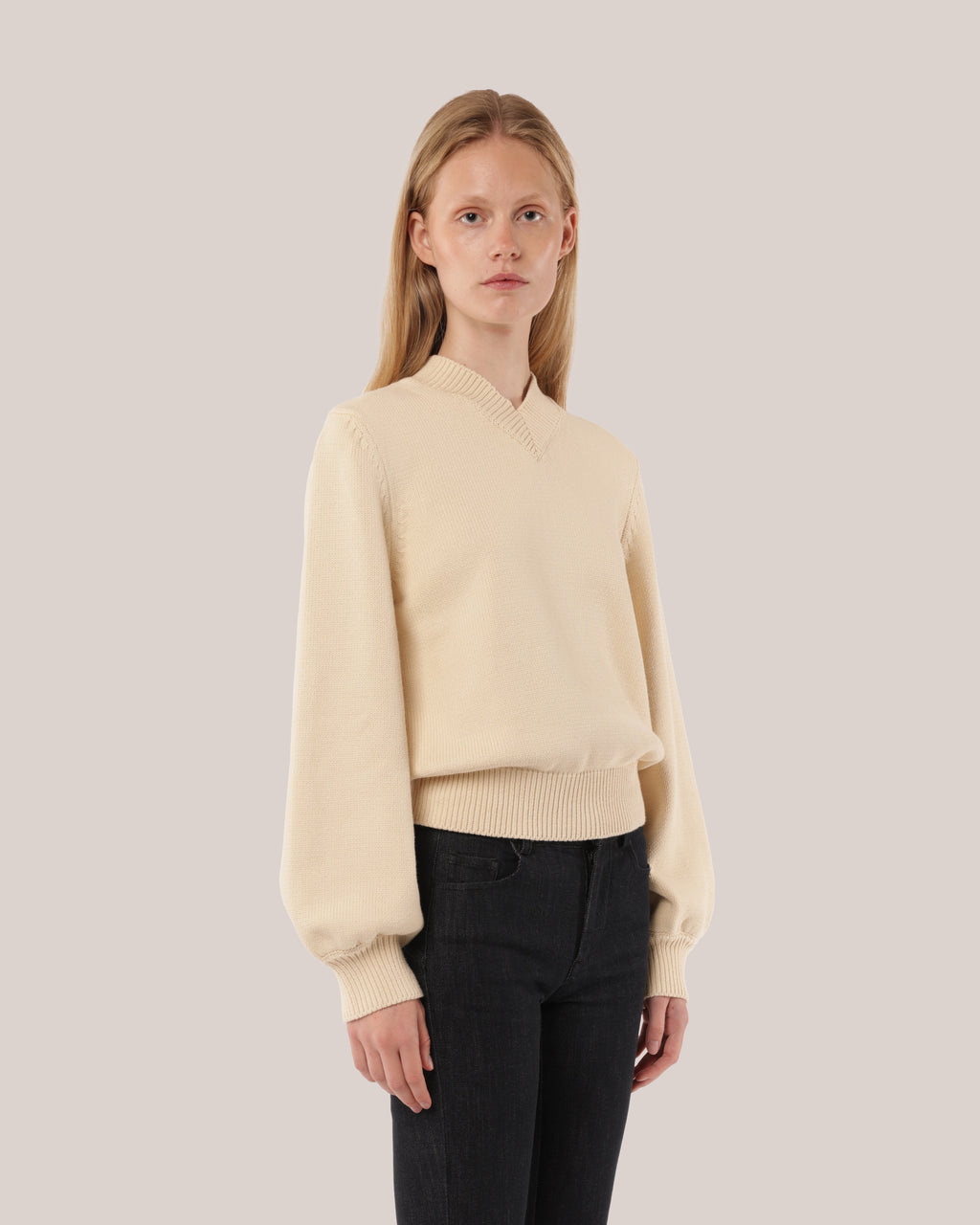 Fitted Cotton V-neck Sweater Meringue