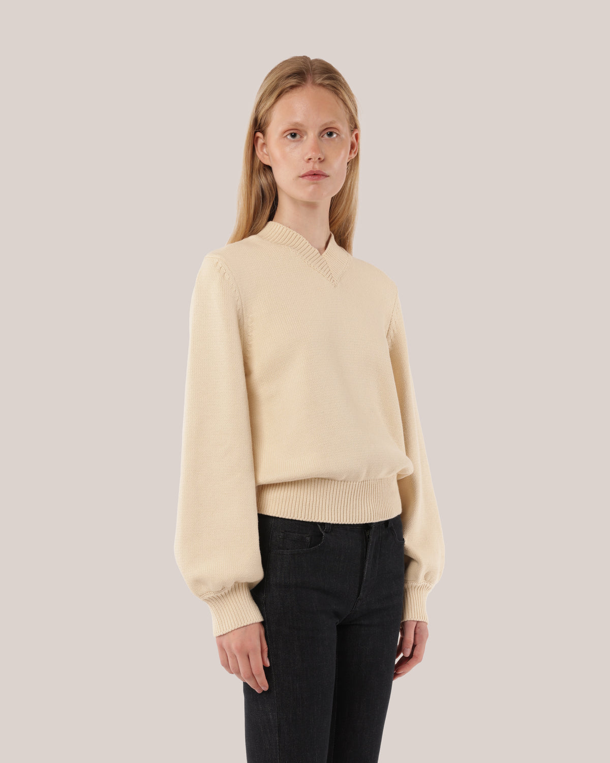 Fitted Cotton V-neck Sweater Meringue