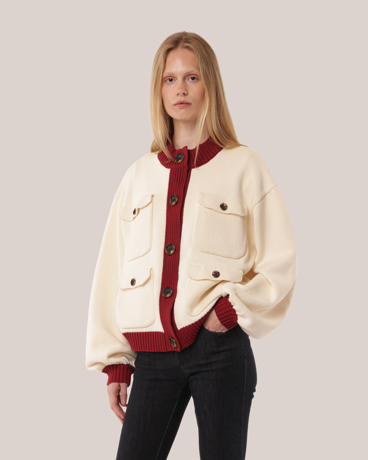 Four Pocket Cotton Cardigan Cherry Cream