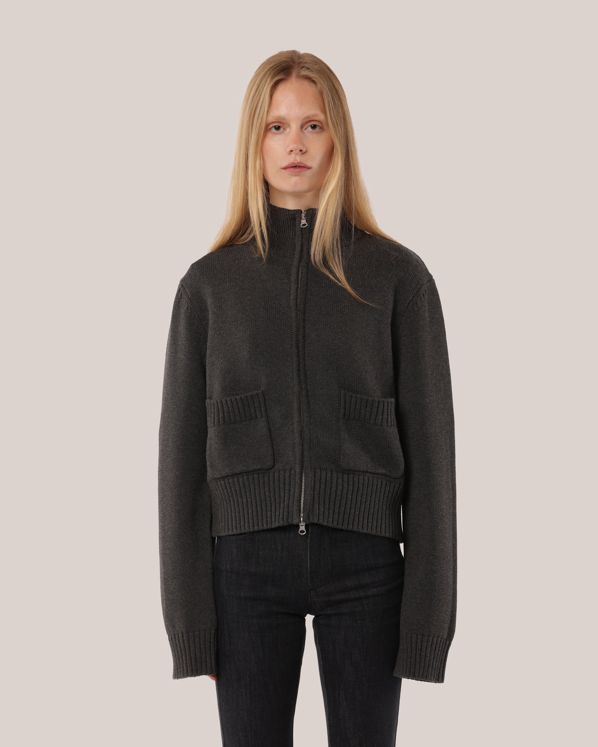 Fitted Cotton Zip Sweater Charcoal