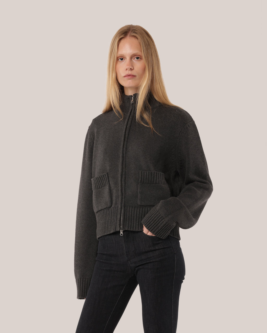Fitted Cotton Zip Sweater Charcoal