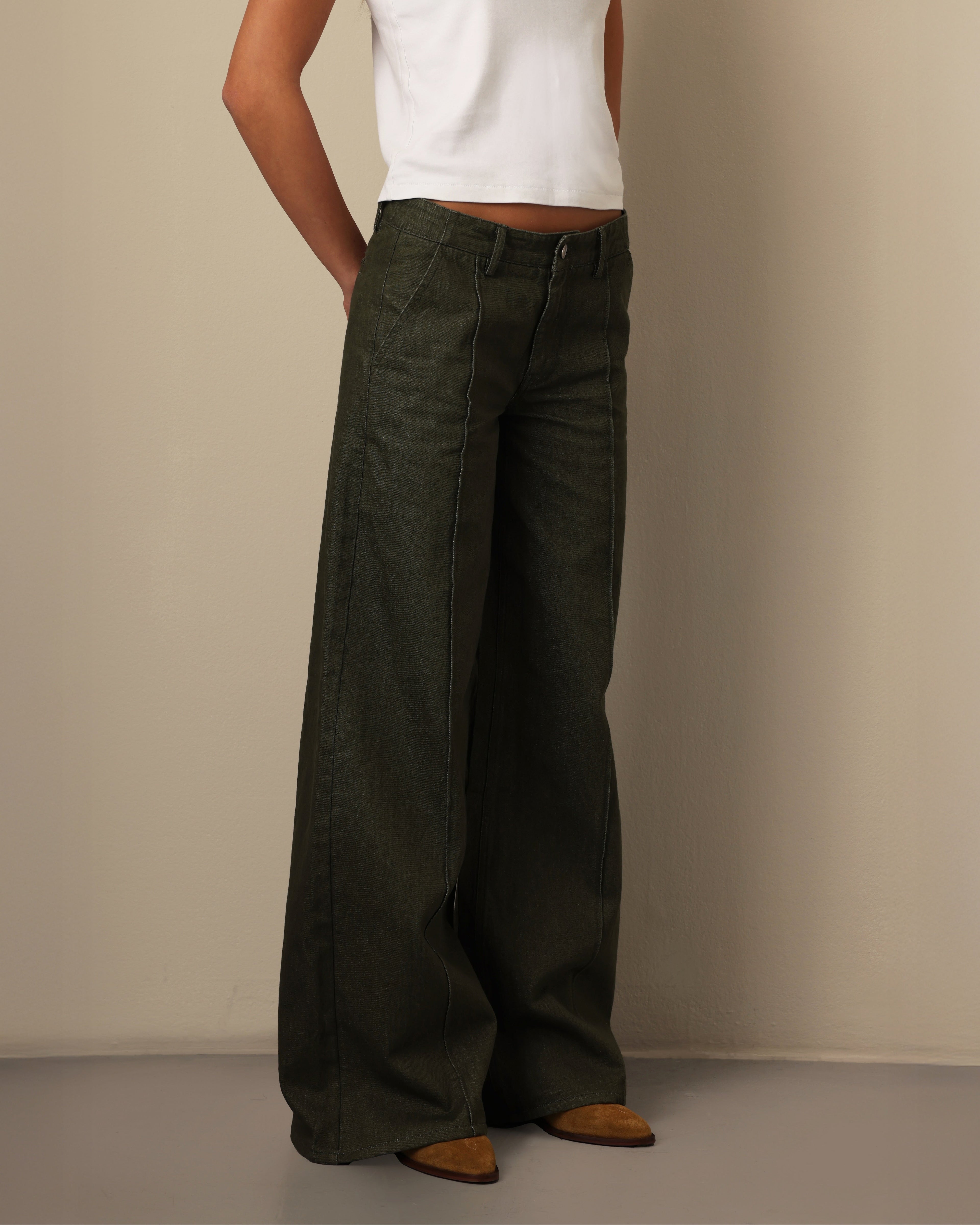Wide Pleated Cotton Trousers Herb