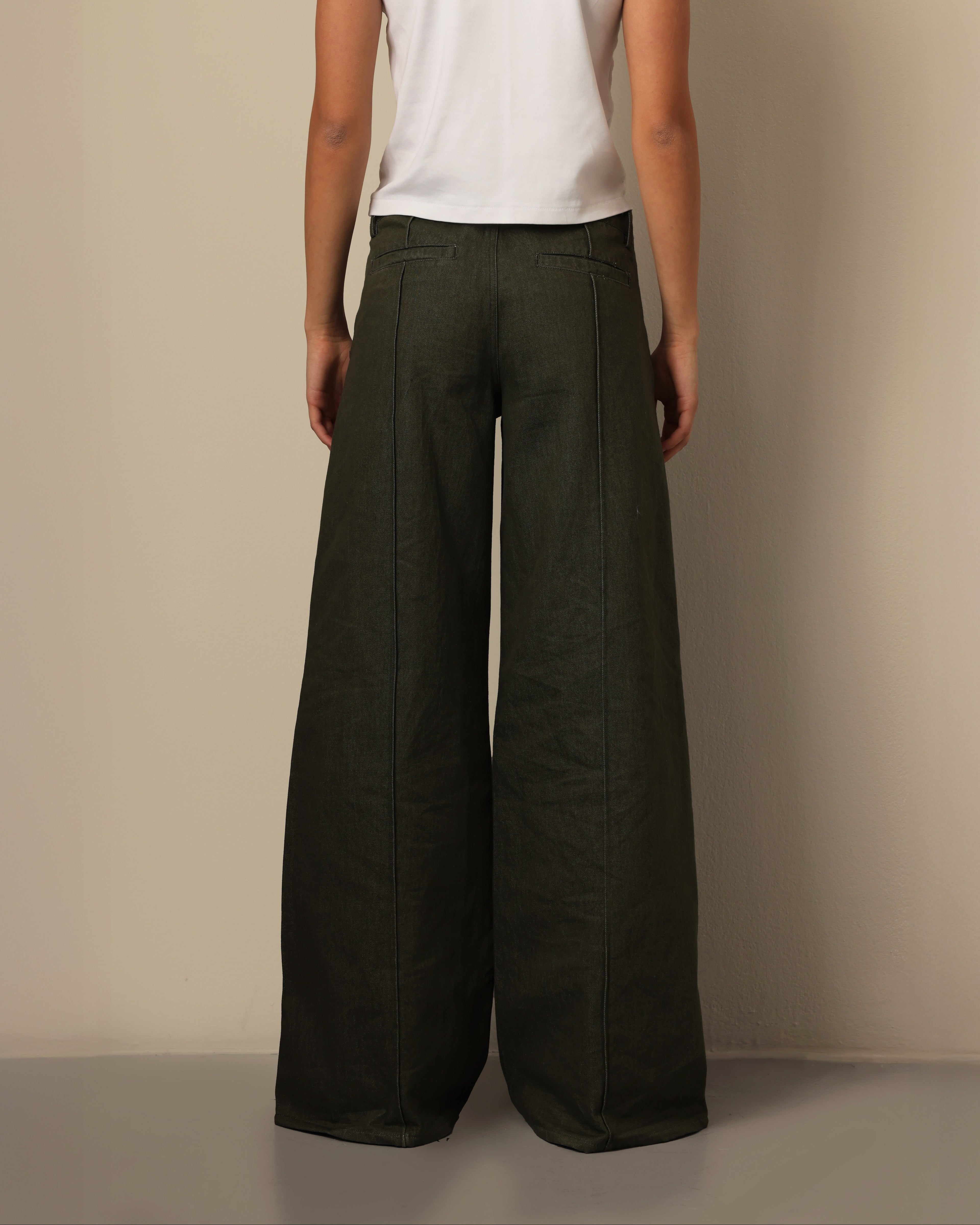 Wide Pleated Cotton Trousers Herb
