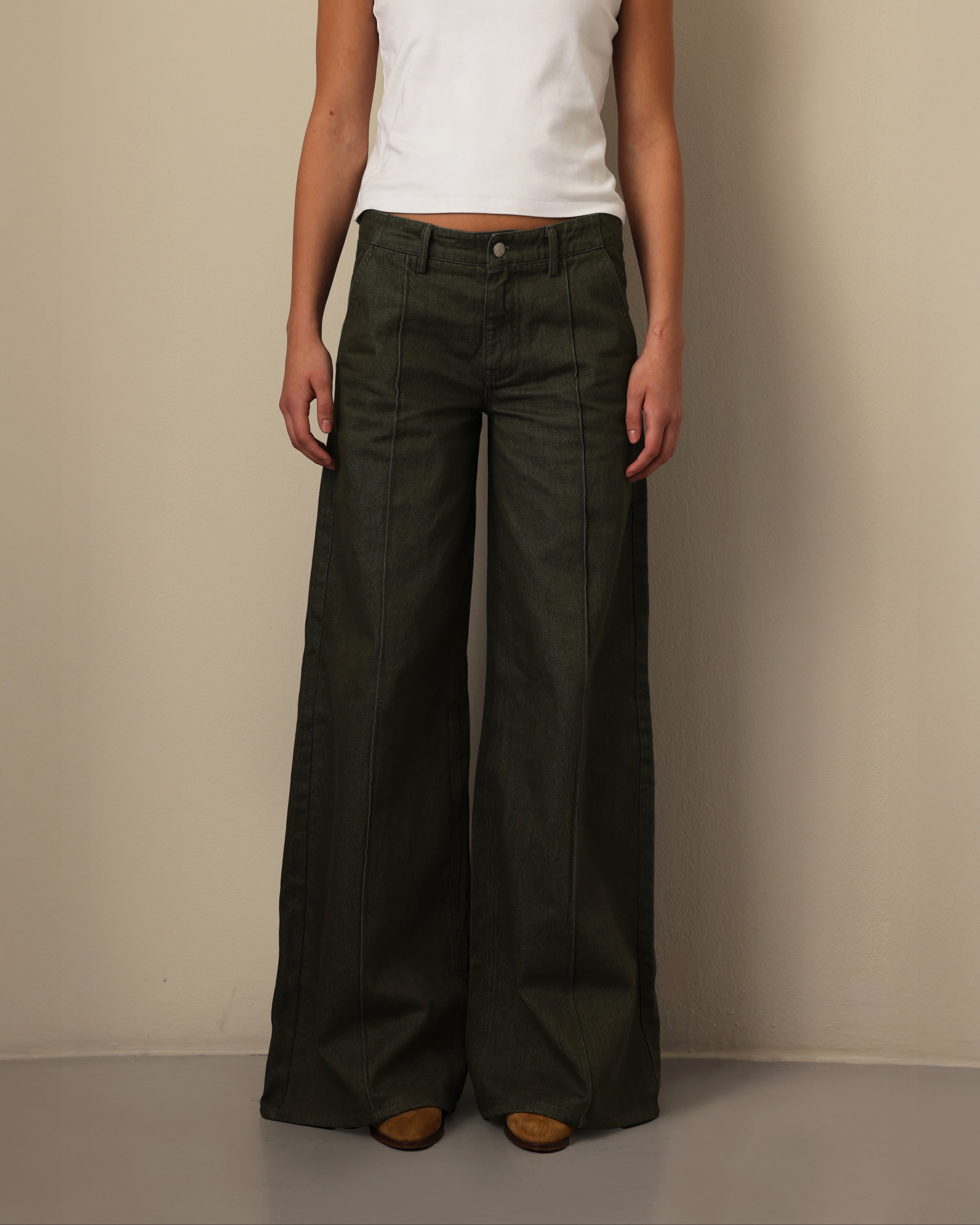 Wide Pleated Cotton Trousers Herb