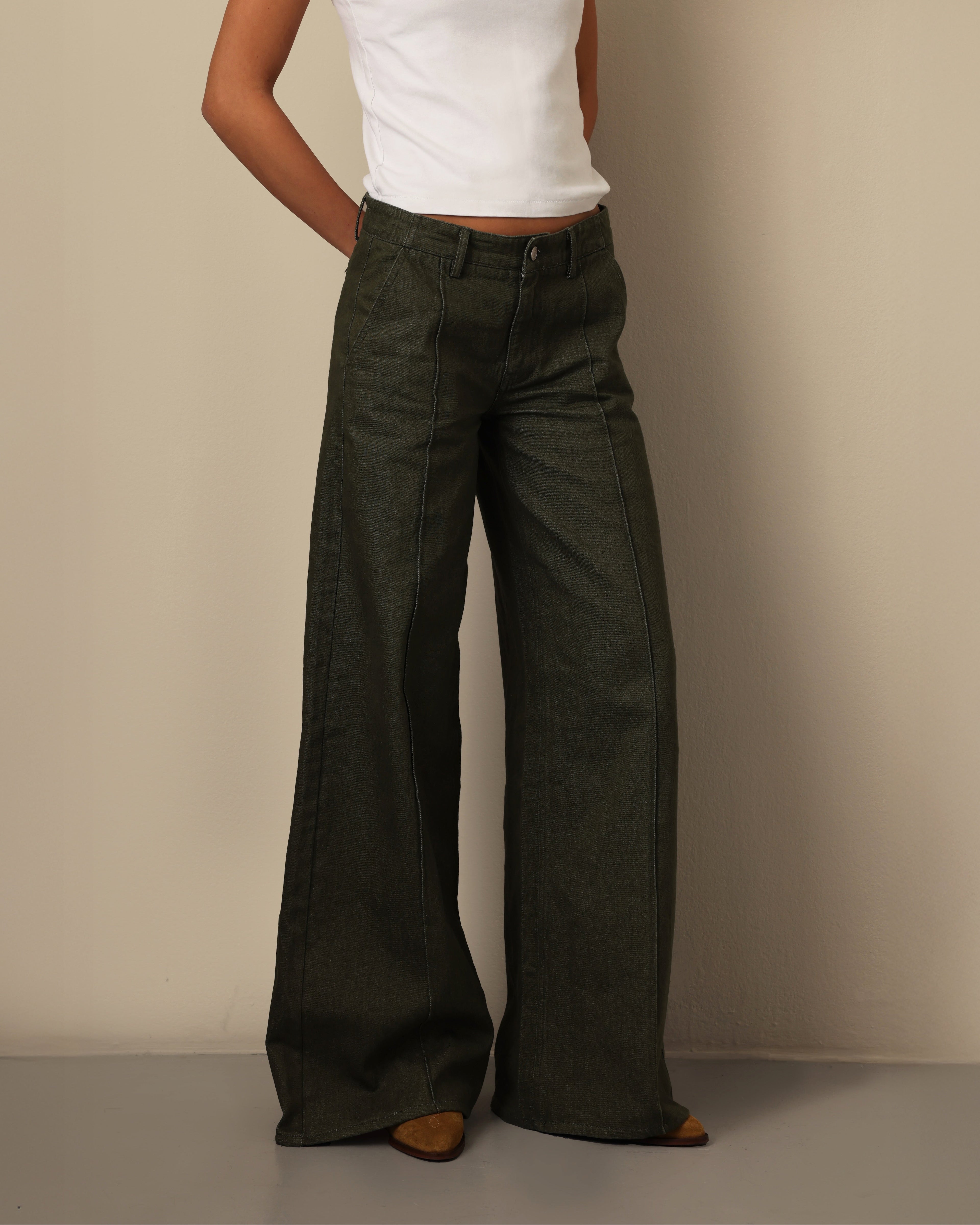 Wide Pleated Cotton Trousers Herb