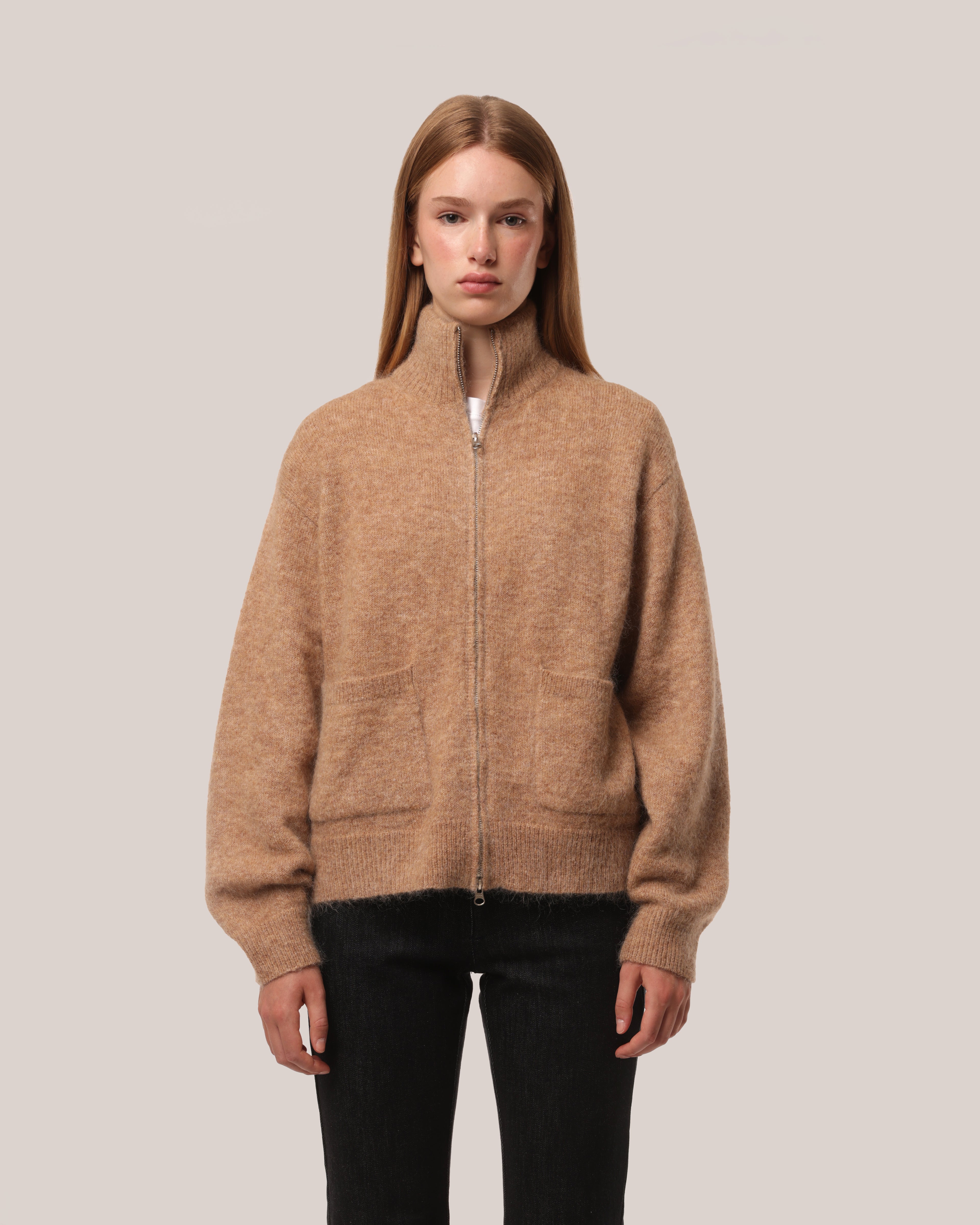 Brushed Mohair Zip Sweater Chestnut