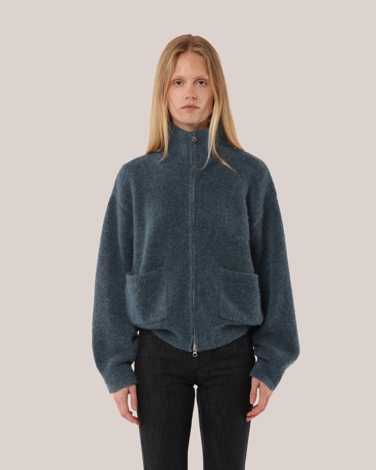 Brushed Mohair Zip Sweater Petroleum