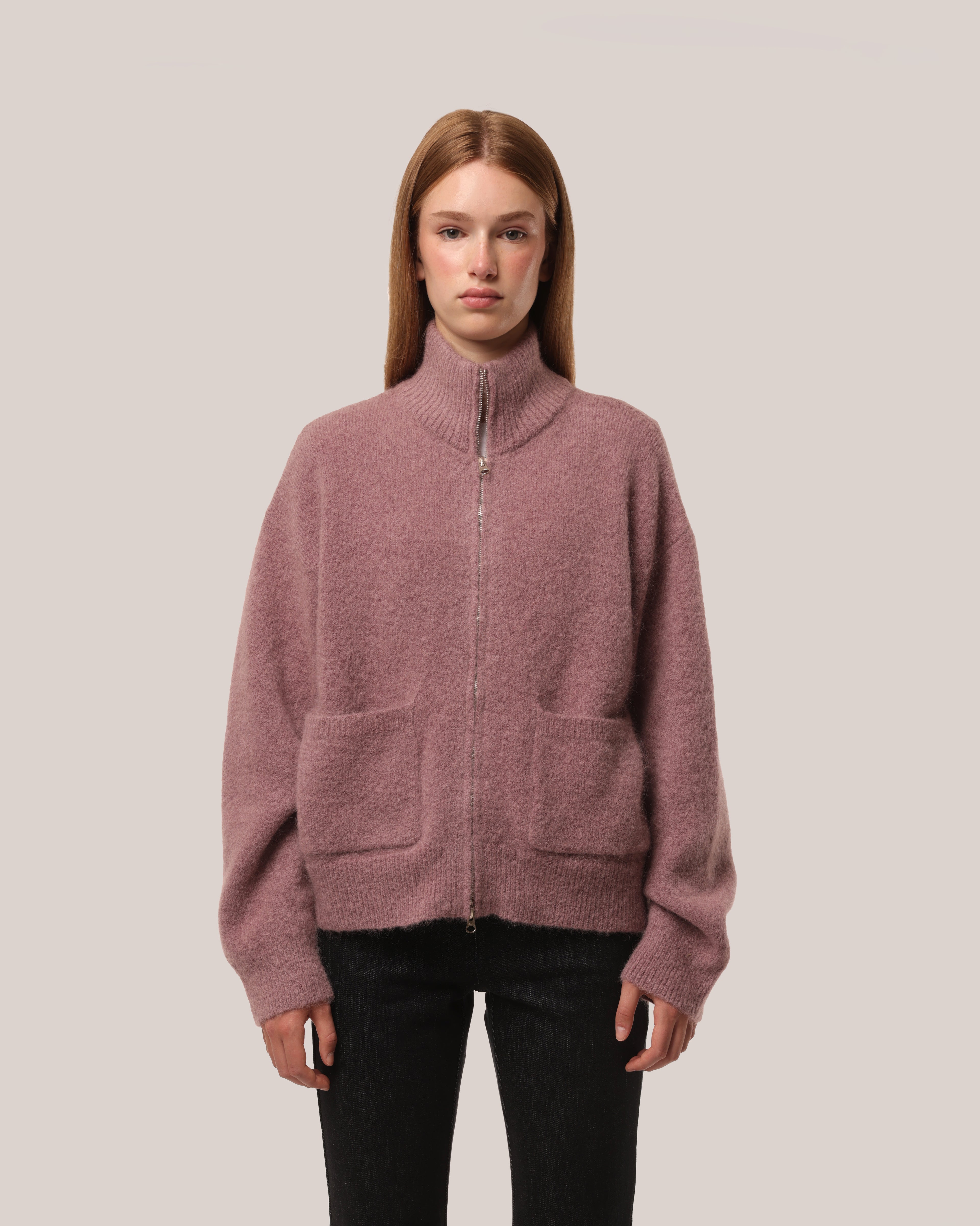Brushed Mohair Zip Sweater Dusty Rose