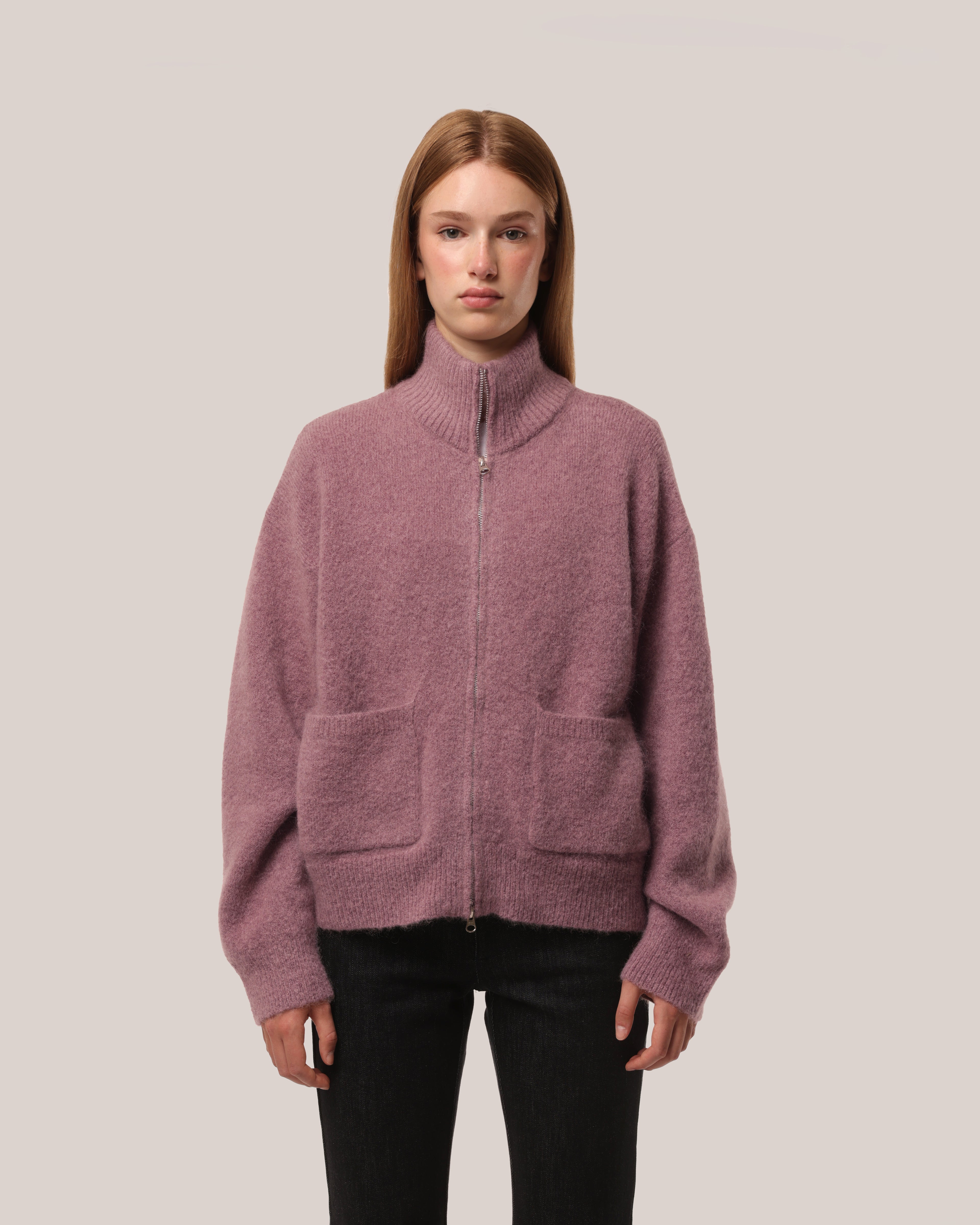 Brushed Mohair Zip Sweater Dusty Rose