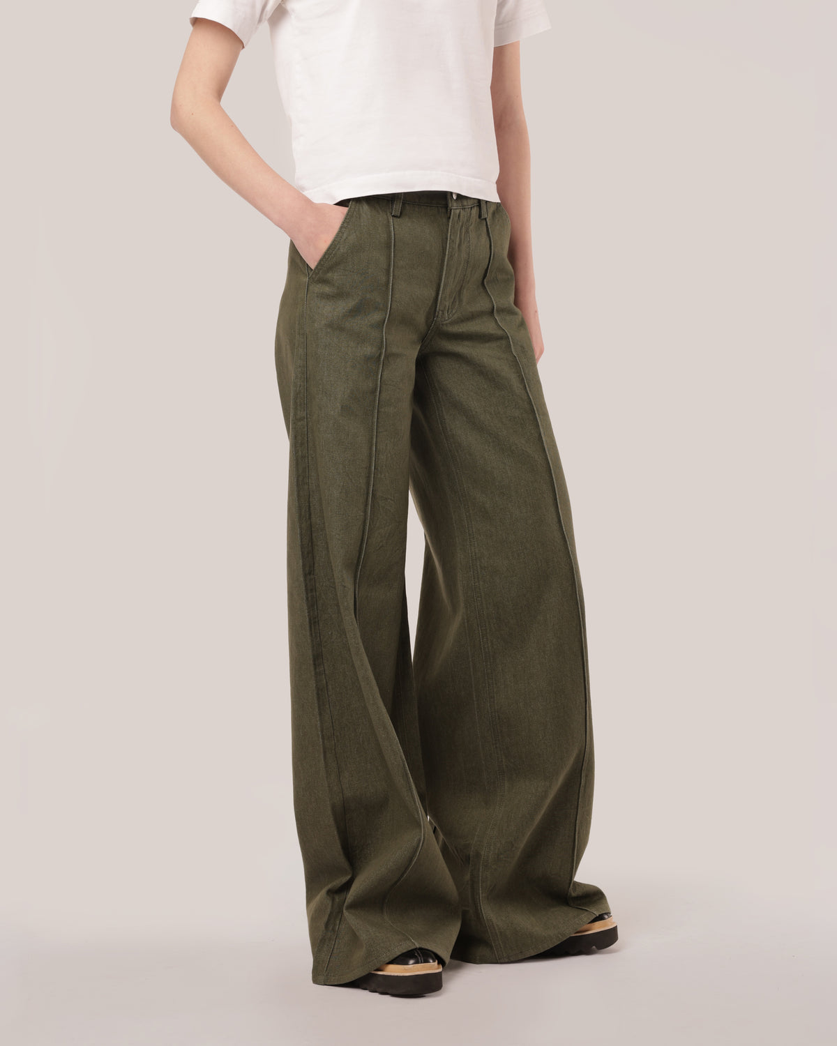 Wide Pleated Cotton Trousers Herb
